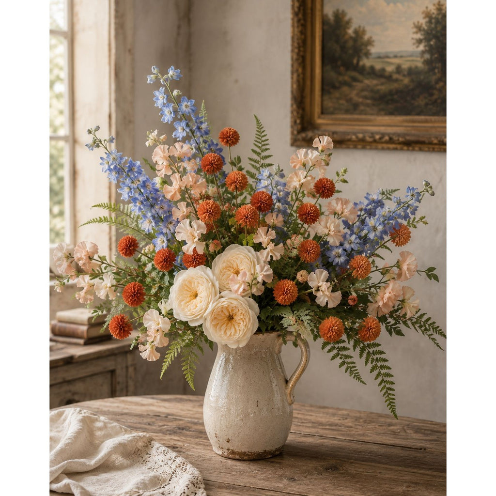 Warm Terracotta Pom Pom Chrysanthemum Stems Set of 2, 20 Inch Artificial Silk Flowers for Fall Floral Arrangements