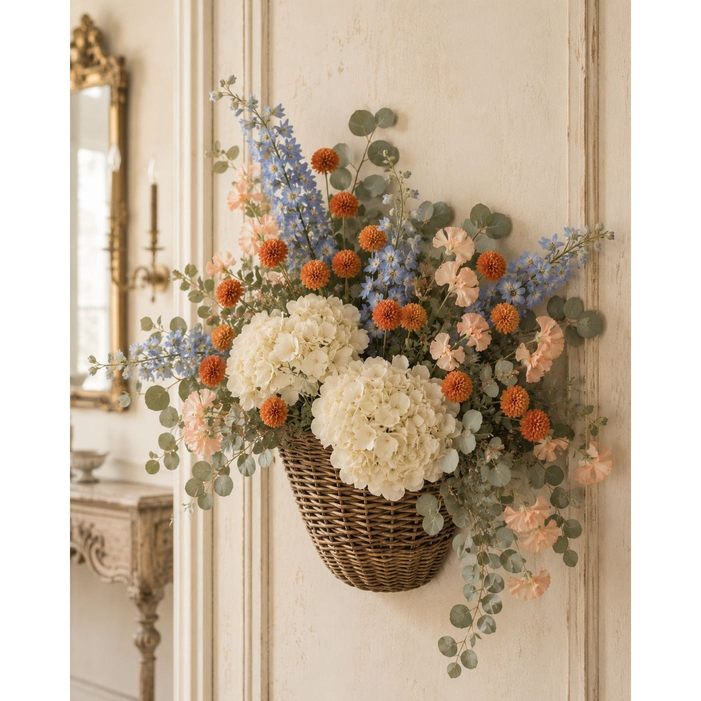 Warm Terracotta Pom Pom Chrysanthemum Stems Set of 2, 20 Inch Artificial Silk Flowers for Fall Floral Arrangements