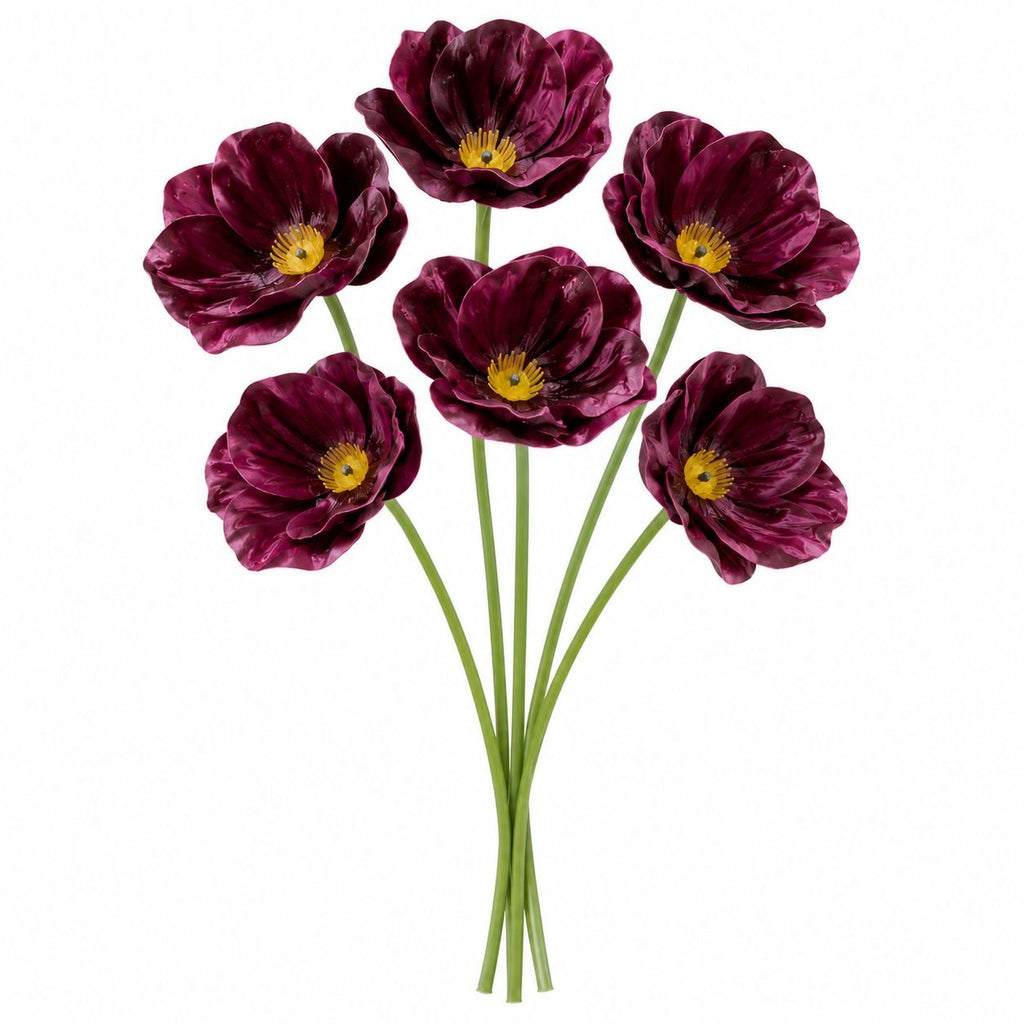 Faux Plum Purple Poppy Stems, Set of 6, 13 Inch, Yellow-Gold Centers
