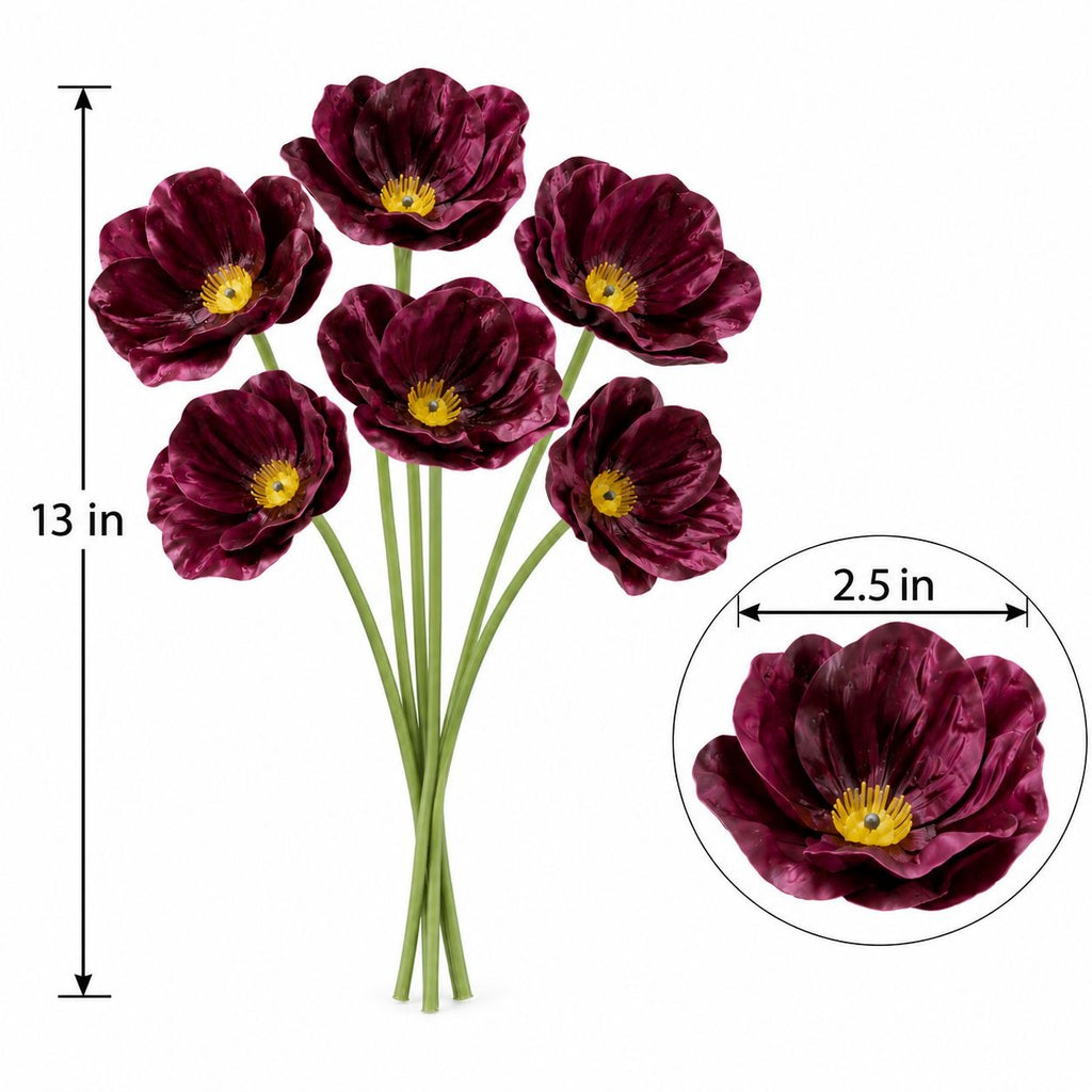 Faux Plum Purple Poppy Stems, Set of 6, 13 Inch, Yellow-Gold Centers