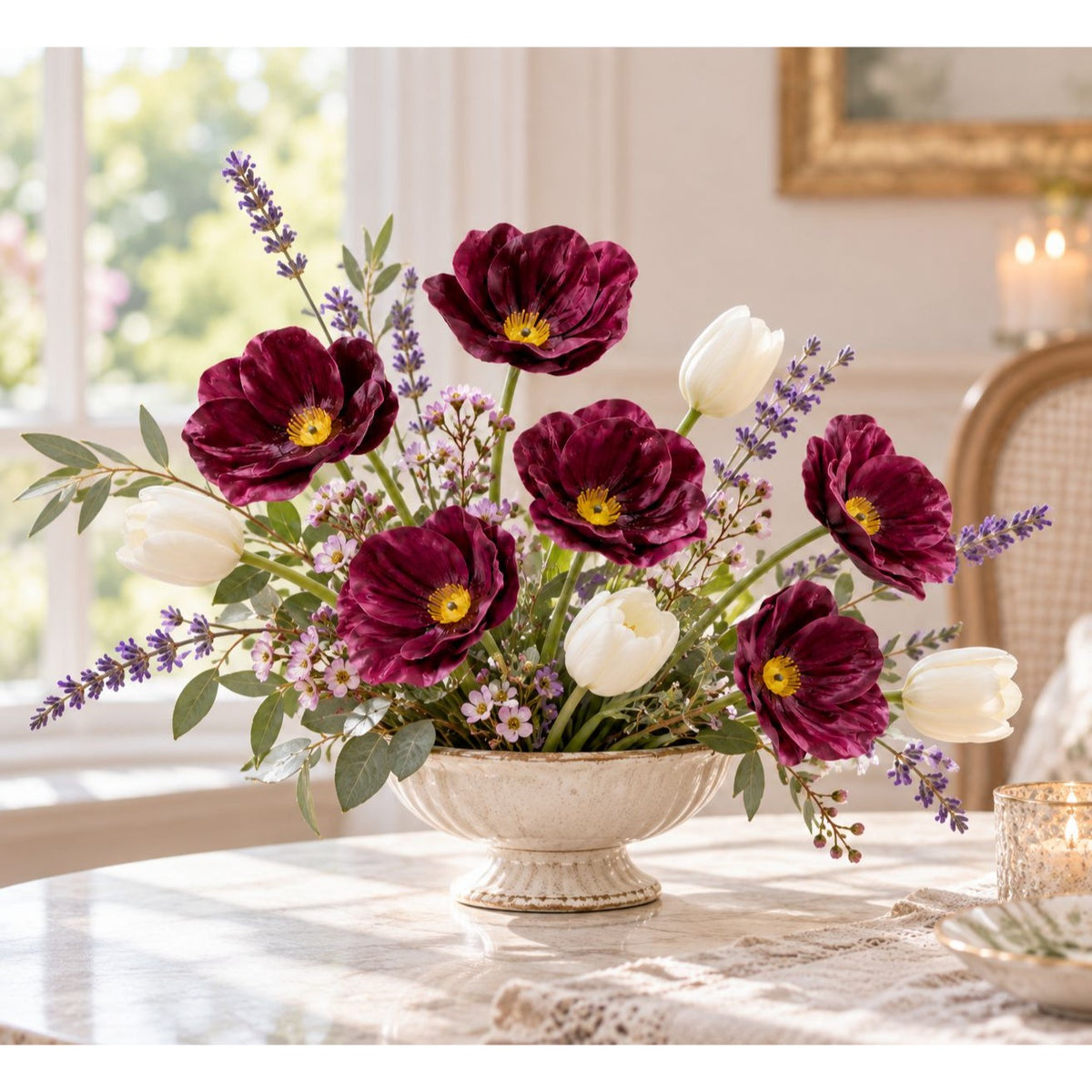 Faux Plum Purple Poppy Stems, Set of 6, 13 Inch, Yellow-Gold Centers