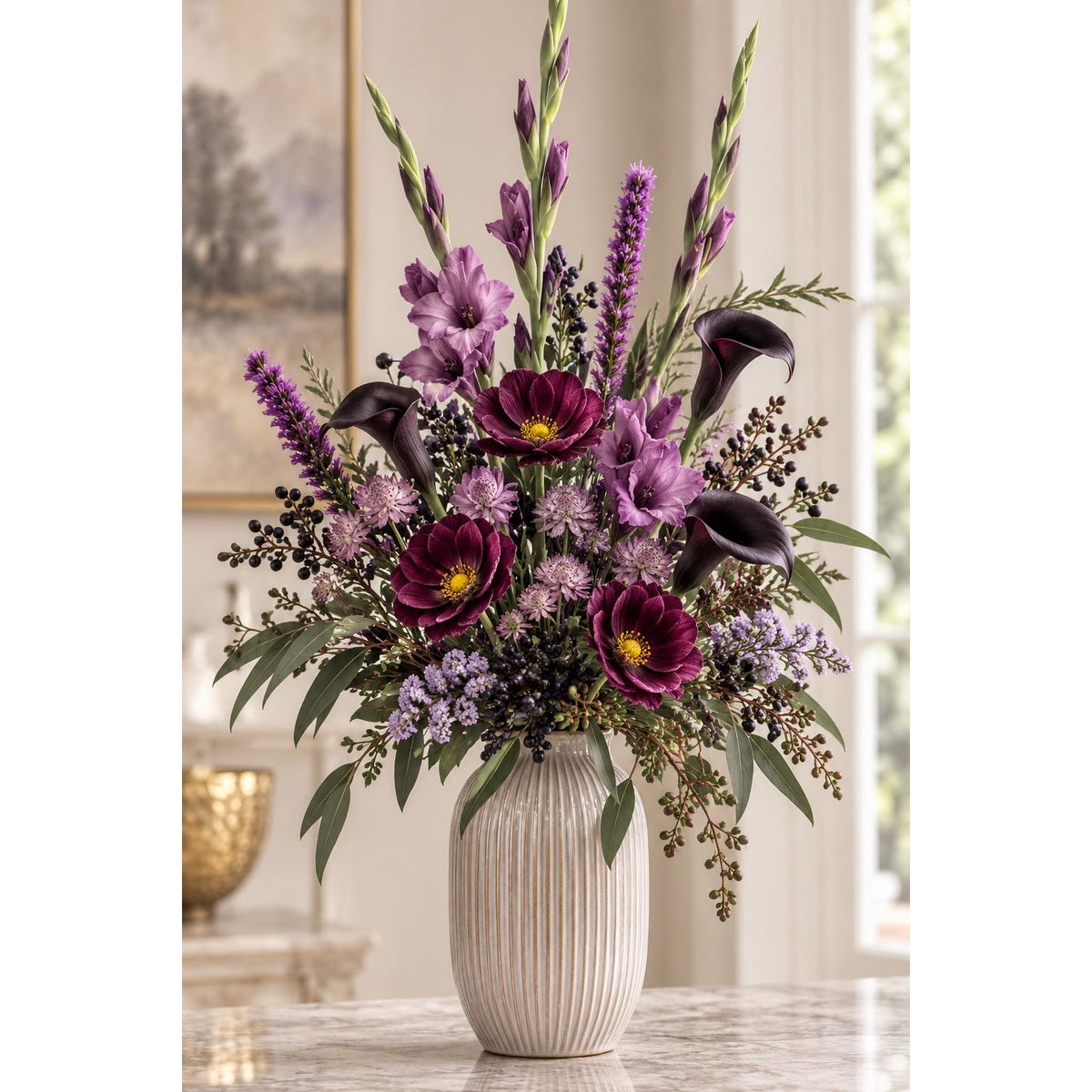 Faux Plum Purple Poppy Stems, Set of 6, 13 Inch, Yellow-Gold Centers