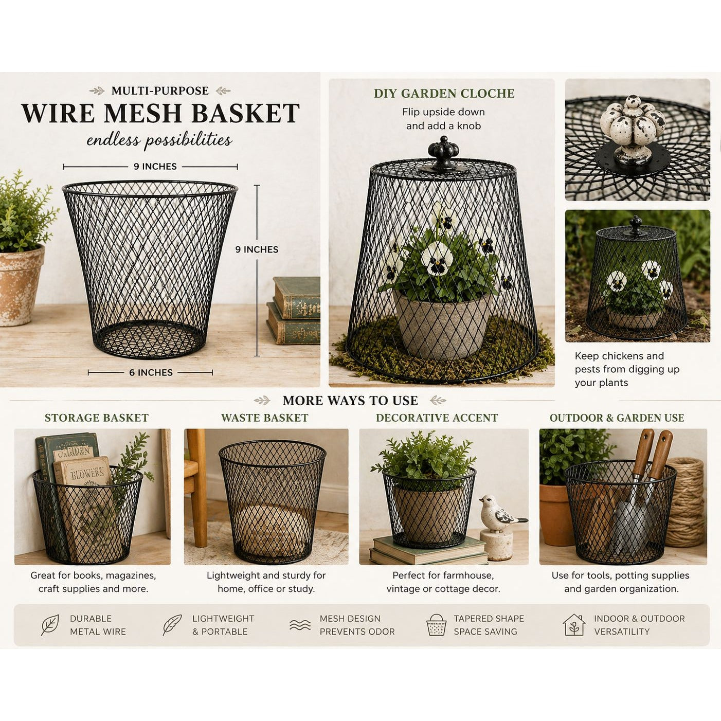 Black Wire Mesh Basket Garden Cloche Plant Protector Farmhouse Storage Basket DIY Rustic Decor
