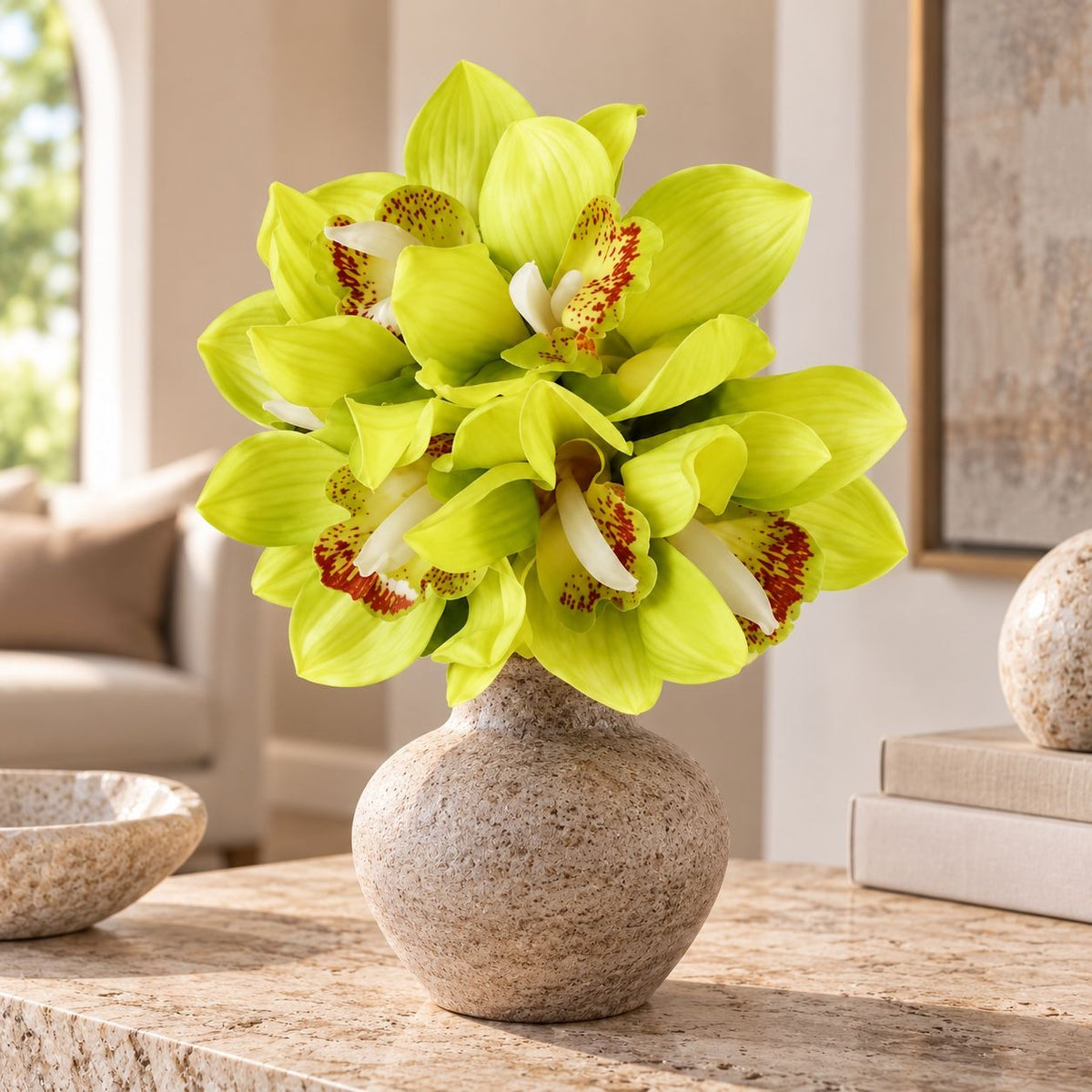 Real Touch Chartreuse Green Orchid Bouquet, 6 Stems, 9 Inch