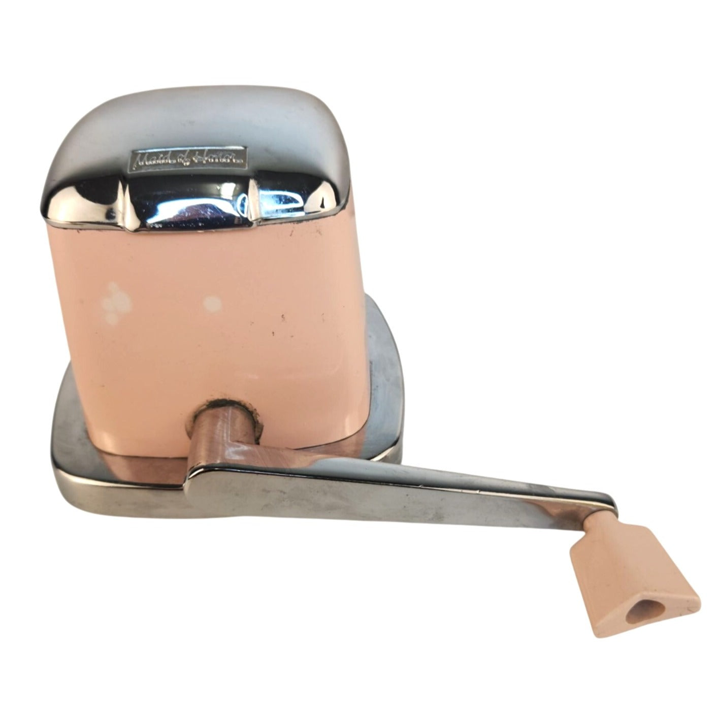 Vintage Maid of Honor Ice Crusher Pink Chrome Hand Crank Grinder Mid Century Bar Kitchen Tool Sears 1950s