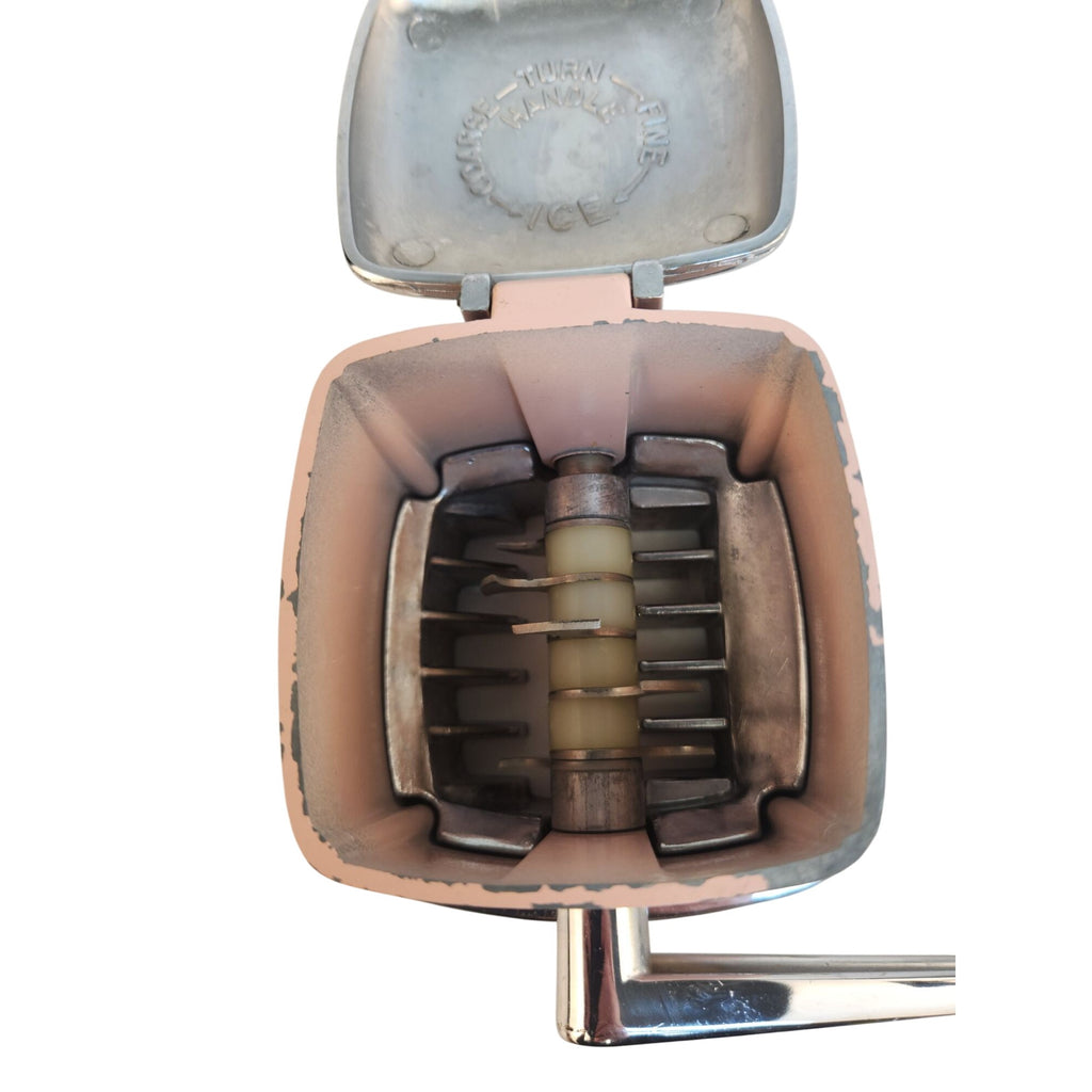 Vintage Maid of Honor Ice Crusher Pink Chrome Hand Crank Grinder Mid Century Bar Kitchen Tool Sears 1950s