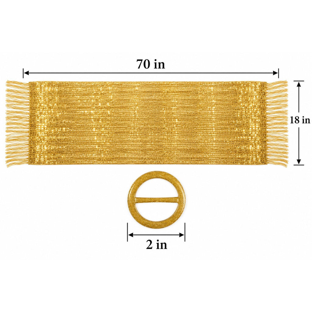 Gold fringe trim shown flat on a white background with dimension labels: 70 inches long, 18 inches wide, and a matching gold buckle shown below.