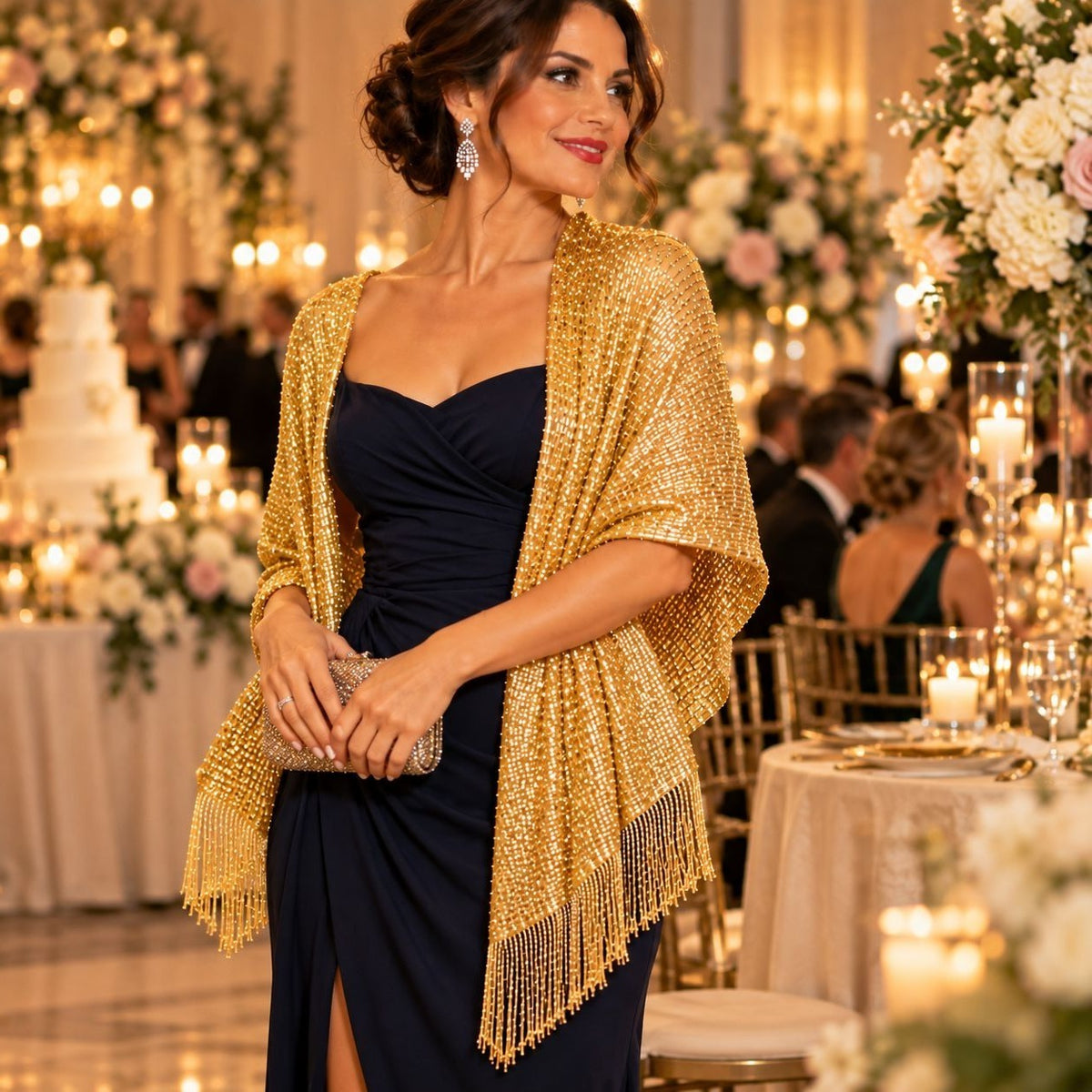 A woman at a formal event wearing a sparkling gold beaded shawl with fringe over a navy blue gown, standing in a candlelit banquet hall with tables and guests in the background.