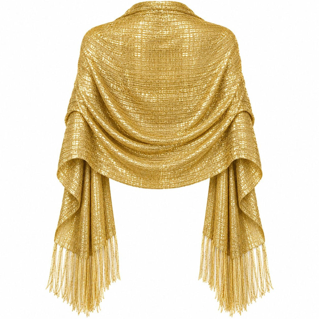 A shimmering gold metallic shawl with fringe detailing, draped over a mannequin torso against a plain white background.