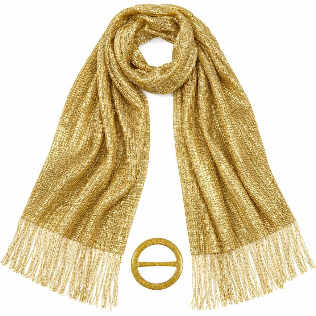 Metallic Gold Shawl Wrap 70 x 18 in, Fringed Evening Stole with Slide