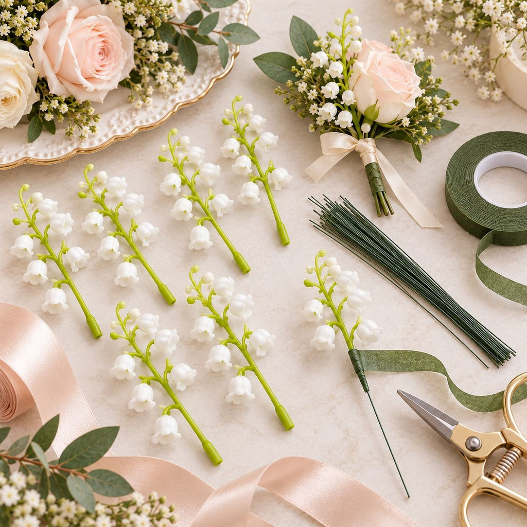 Artificial Lily of the Valley Picks, Set of 10, 4 Inch White Wedding Flowers