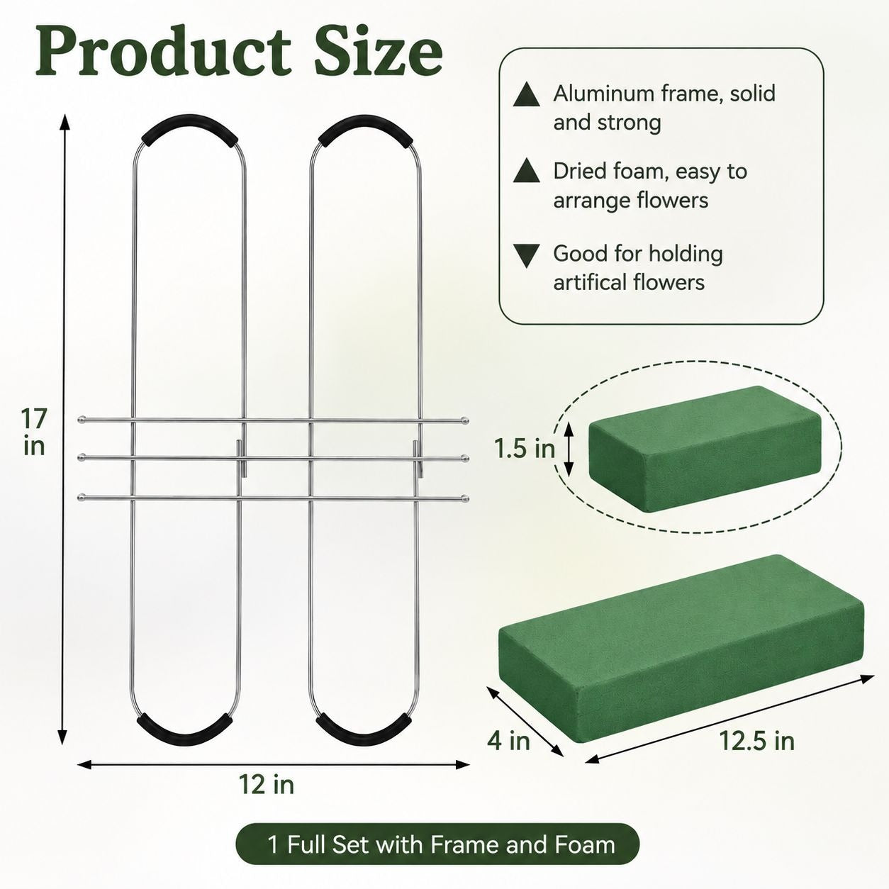 Product size chart for a floral arrangement stand with frame and foam, showing dimensions and features.