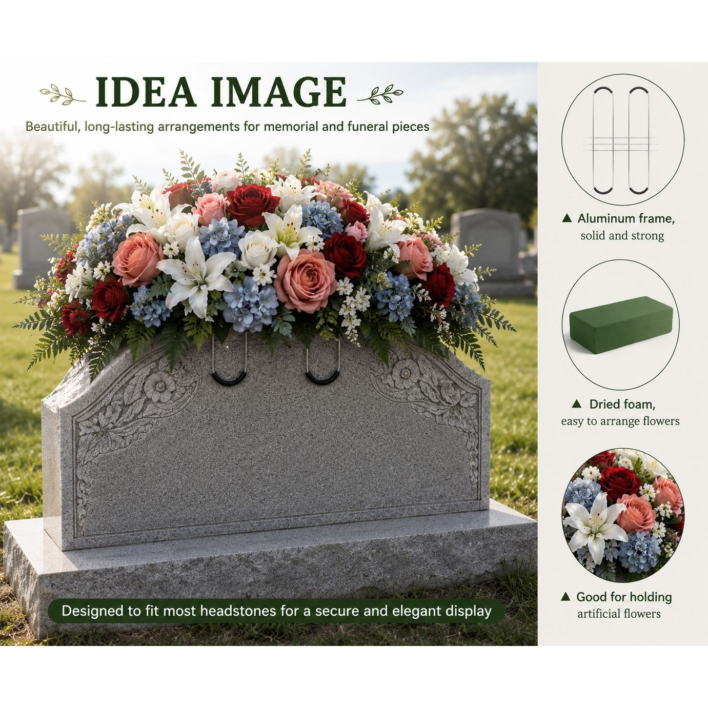 Floral Tombstone Saddle with Foam Memorial Headstone Flower Holder Cemetery Arrangement Frame Funeral Flowers Saddle