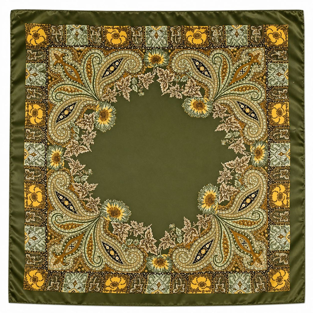 Luxury Paisley Floral Satin Scarf for Women – 35" Square Olive Green Gold Boho Headscarf