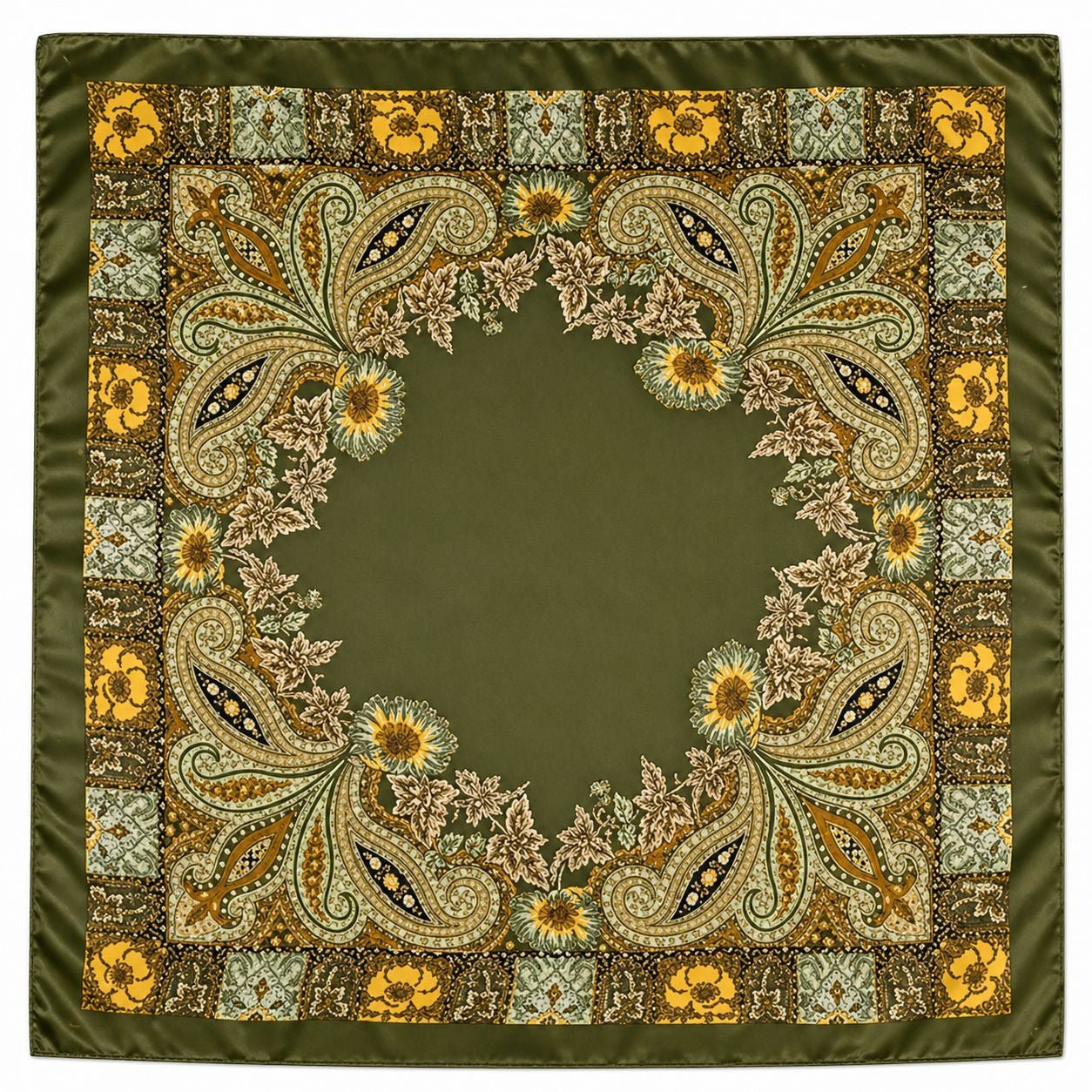 Luxury Paisley Floral Satin Scarf for Women – 35" Square Olive Green Gold Boho Headscarf