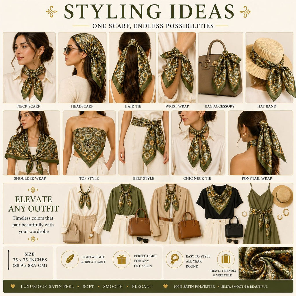 Luxury Paisley Floral Satin Scarf for Women – 35" Square Olive Green Gold Boho Headscarf