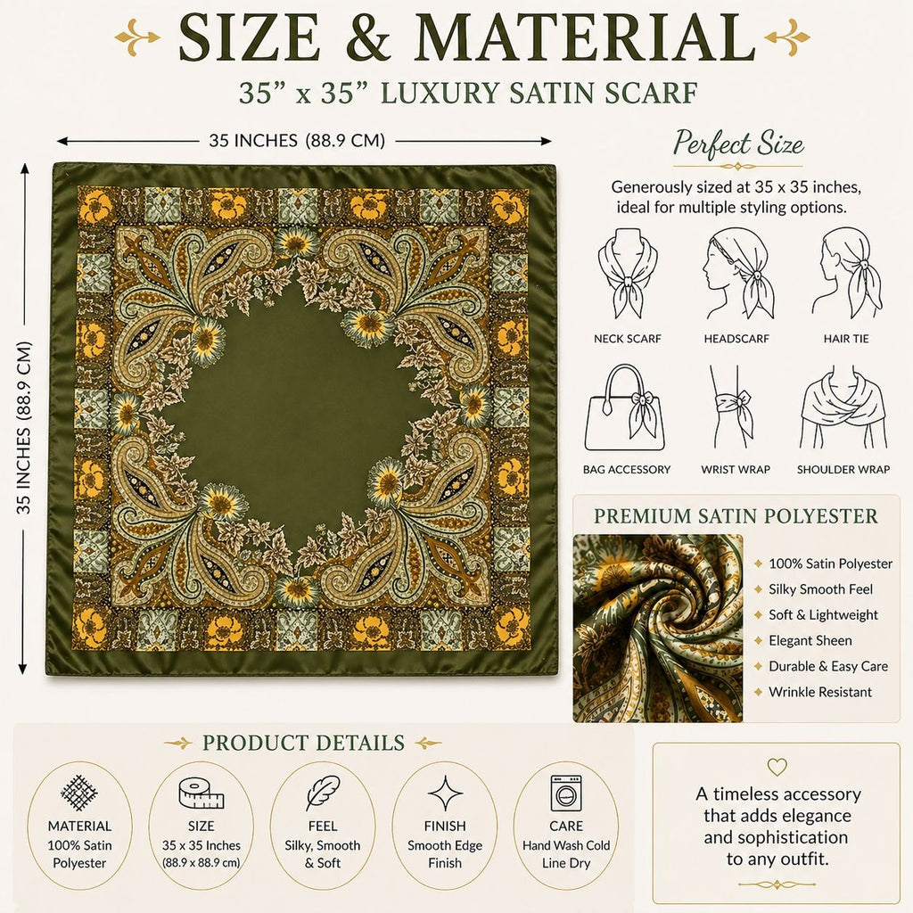 Luxury Paisley Floral Satin Scarf for Women – 35" Square Olive Green Gold Boho Headscarf