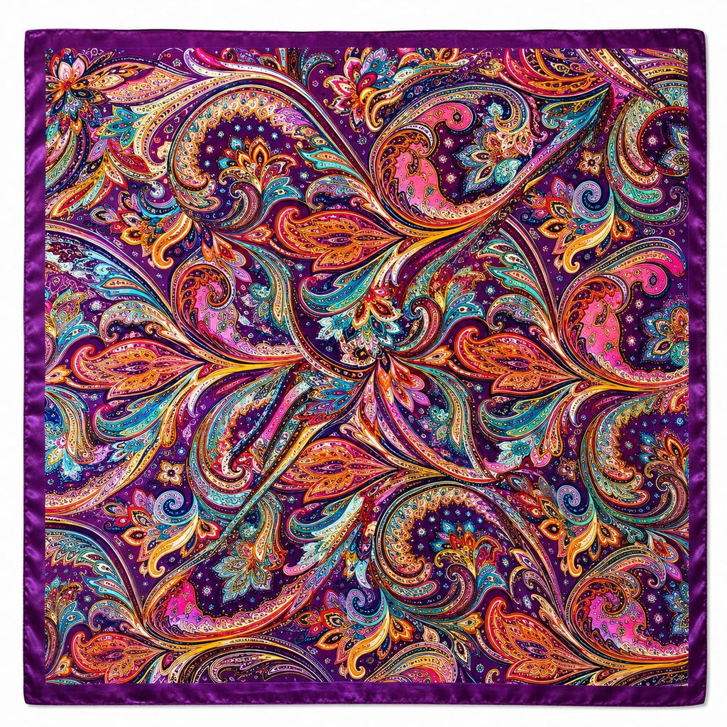 Purple Multicolor Paisley Satin Wild Rag Scarf, 35 x 35 Inch
