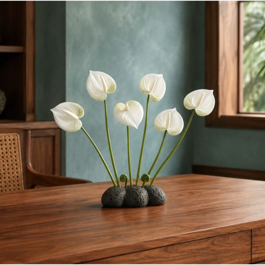 White Green Real-Touch Artificial Anthurium Stems, Set of 6, 11 Inch Faux Tropical Flowers