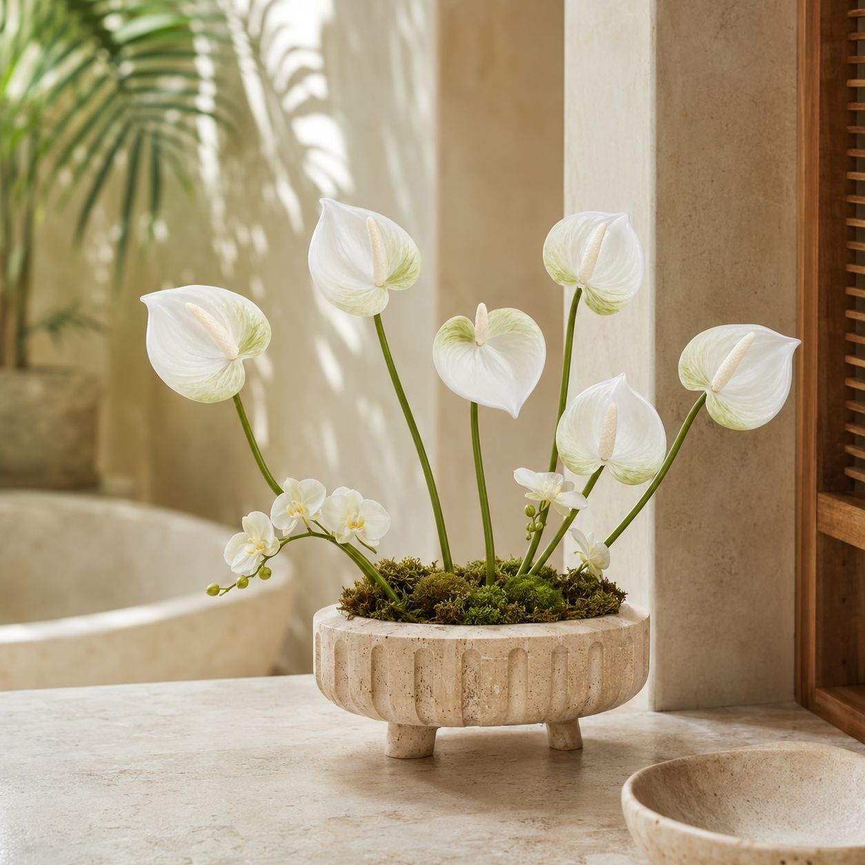 White Green Real-Touch Artificial Anthurium Stems, Set of 6, 11 Inch Faux Tropical Flowers