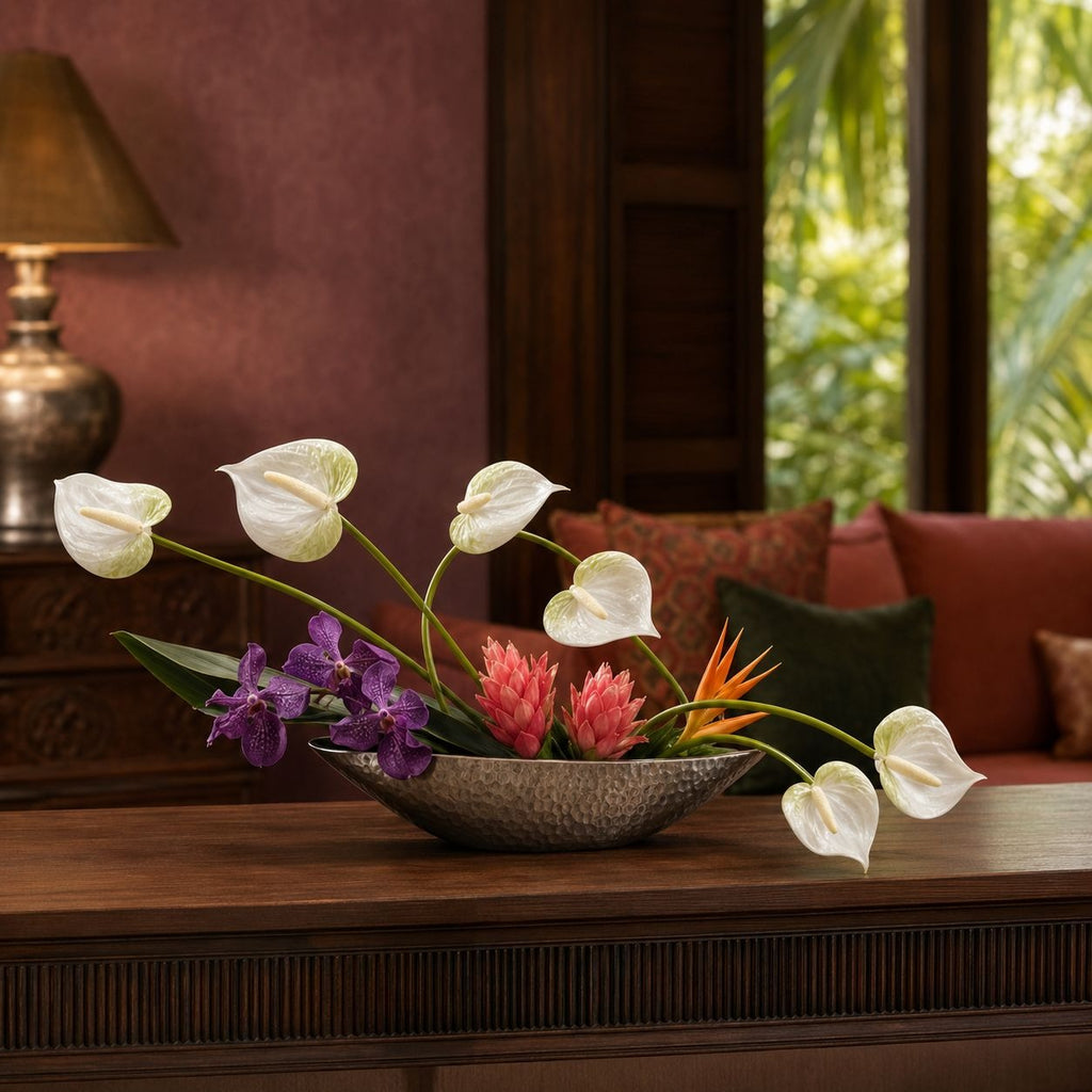 White Green Real-Touch Artificial Anthurium Stems, Set of 6, 11 Inch Faux Tropical Flowers