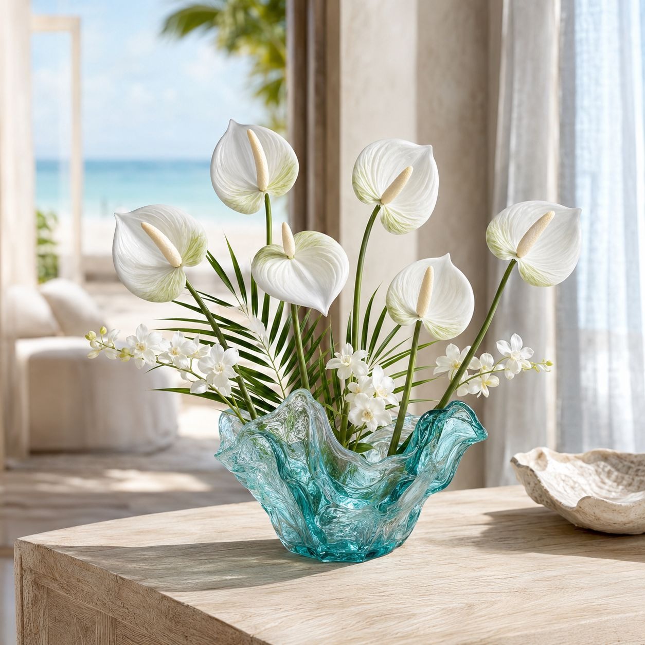 White Green Real-Touch Artificial Anthurium Stems, Set of 6, 11 Inch Faux Tropical Flowers
