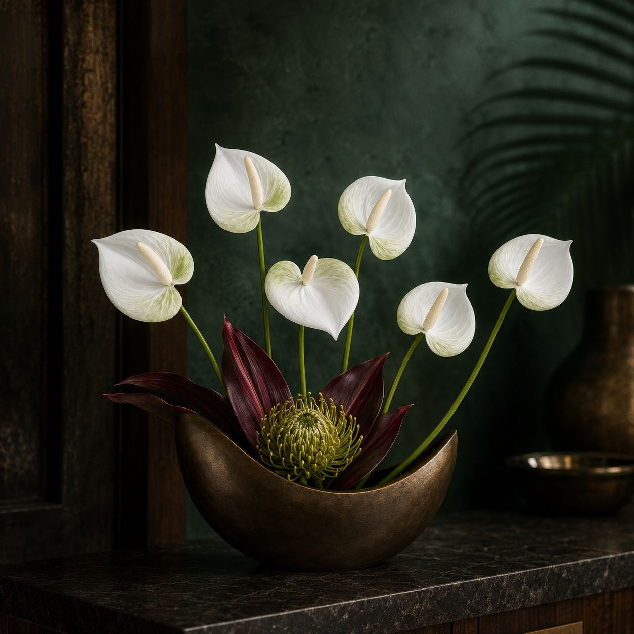 White Green Real-Touch Artificial Anthurium Stems, Set of 6, 11 Inch Faux Tropical Flowers