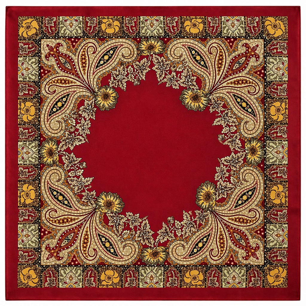 Luxury Paisley Floral Satin Scarf for Women – 35" Square Burgundy Red Gold Boho Headscarf