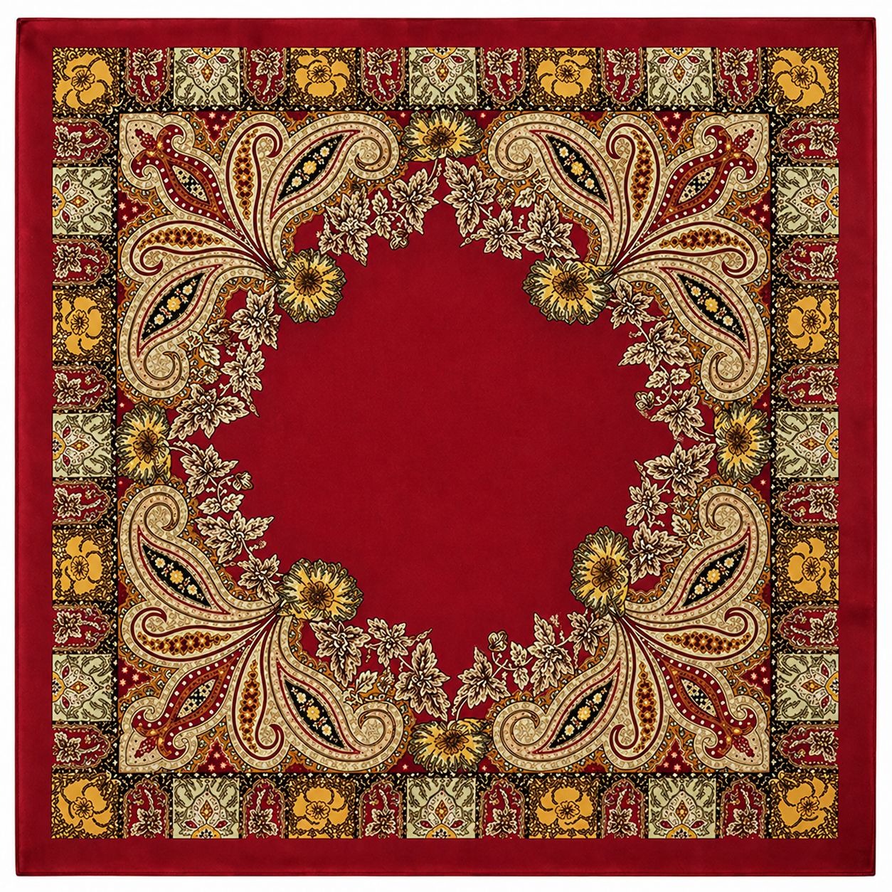 Luxury Paisley Floral Satin Scarf for Women – 35" Square Burgundy Red Gold Boho Headscarf