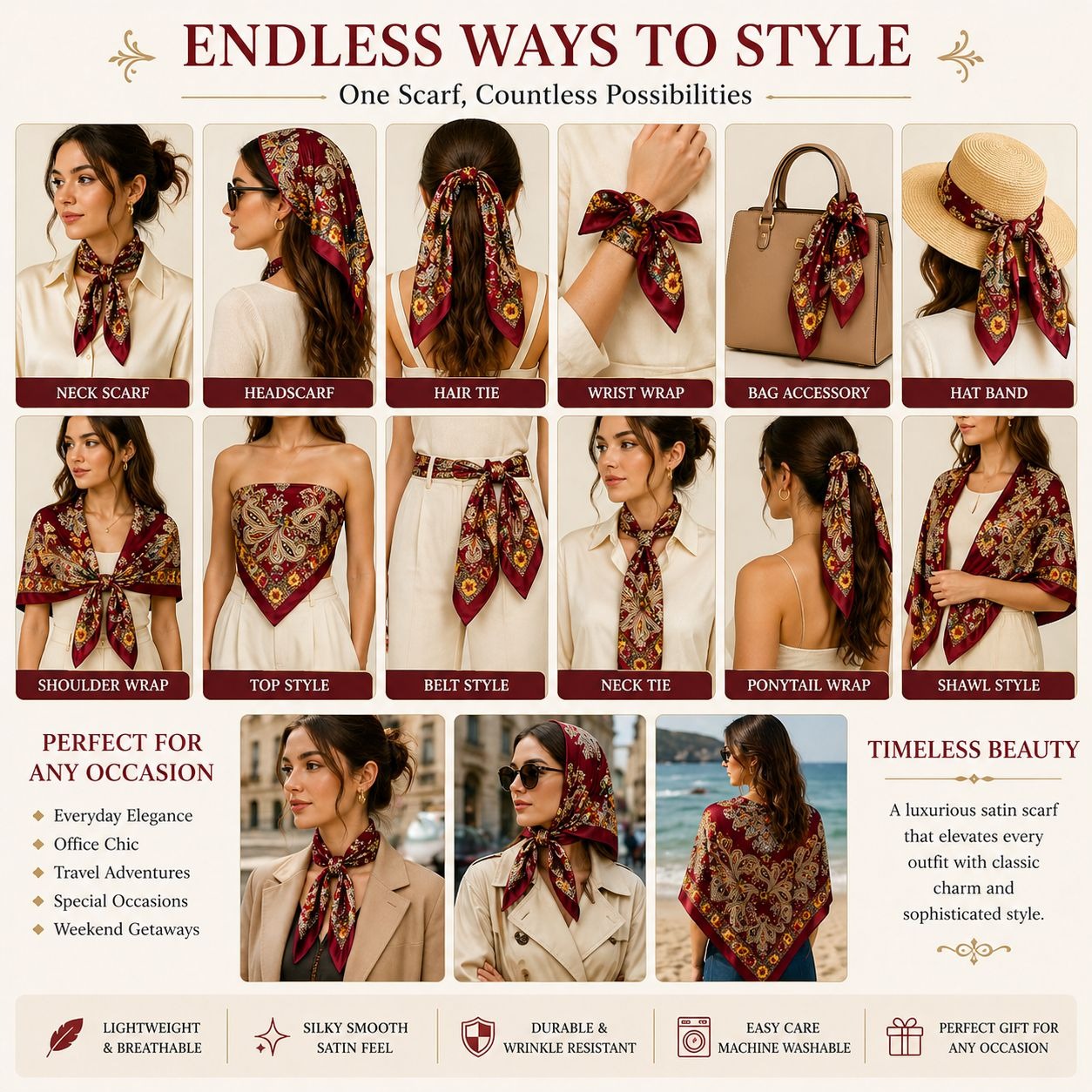 Scarf styling guide with various ways to wear a patterned scarf.