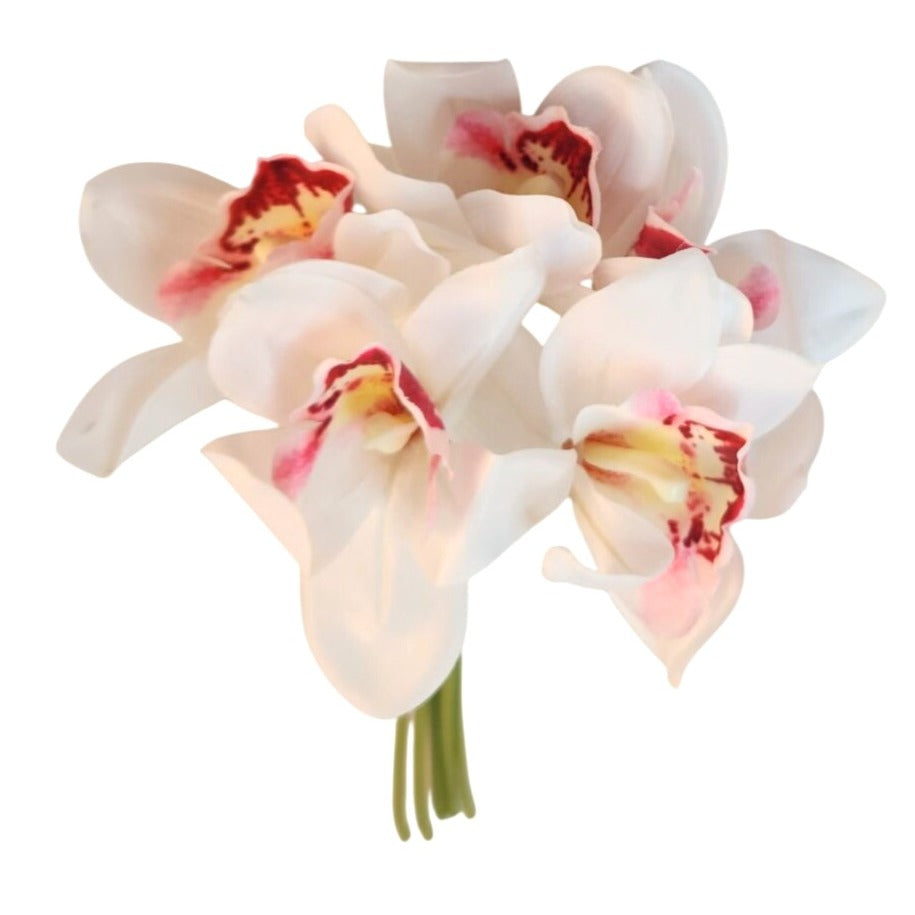 Artificial Cymbidium Orchid Stems White Blush Pink Faux Orchid Bouquet Realistic Floral Arrangement 15 Inch