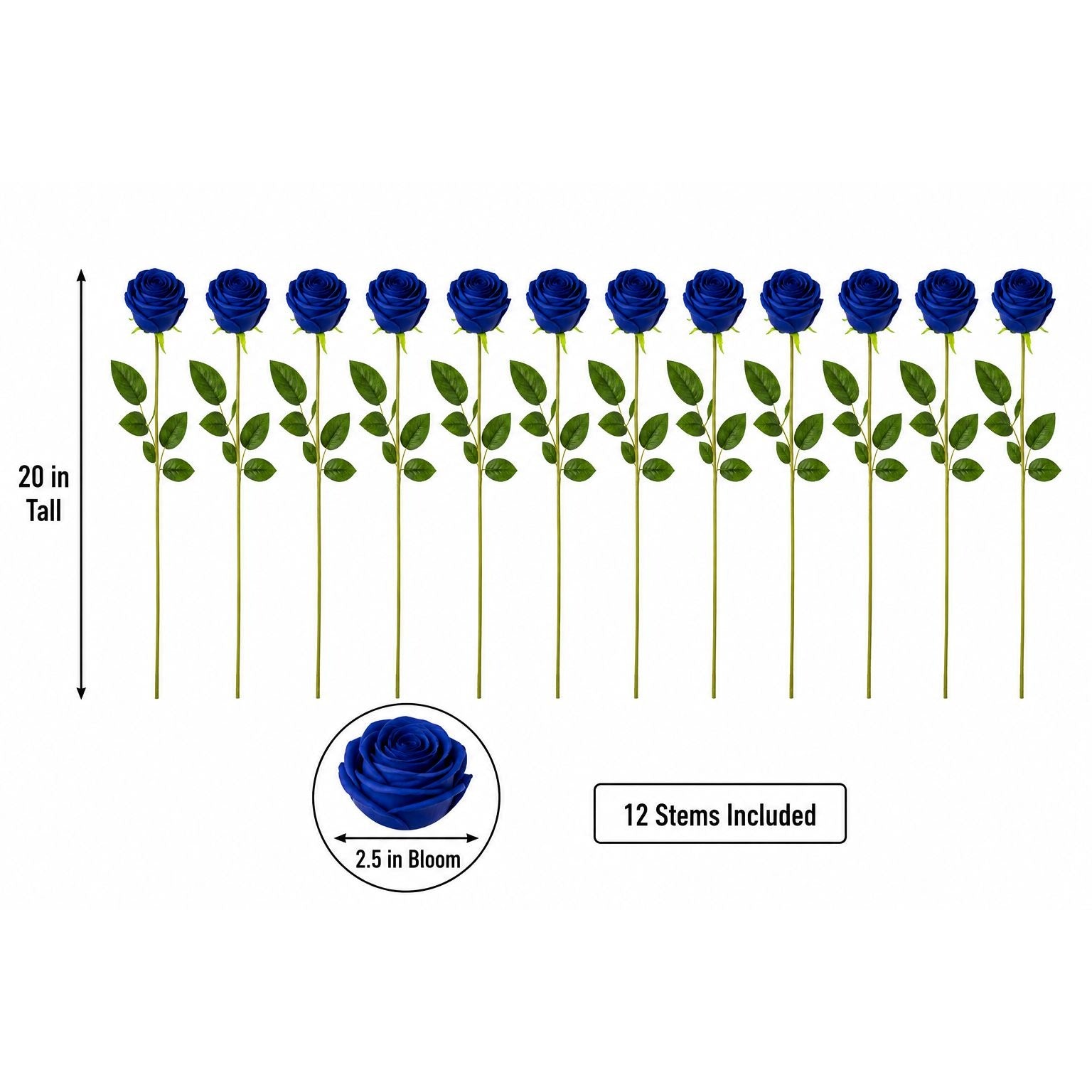 Royal Blue Artificial Rose Stems Set of 12, 20 Inch Velvet Touch Faux Flowers for Wedding Home Decor