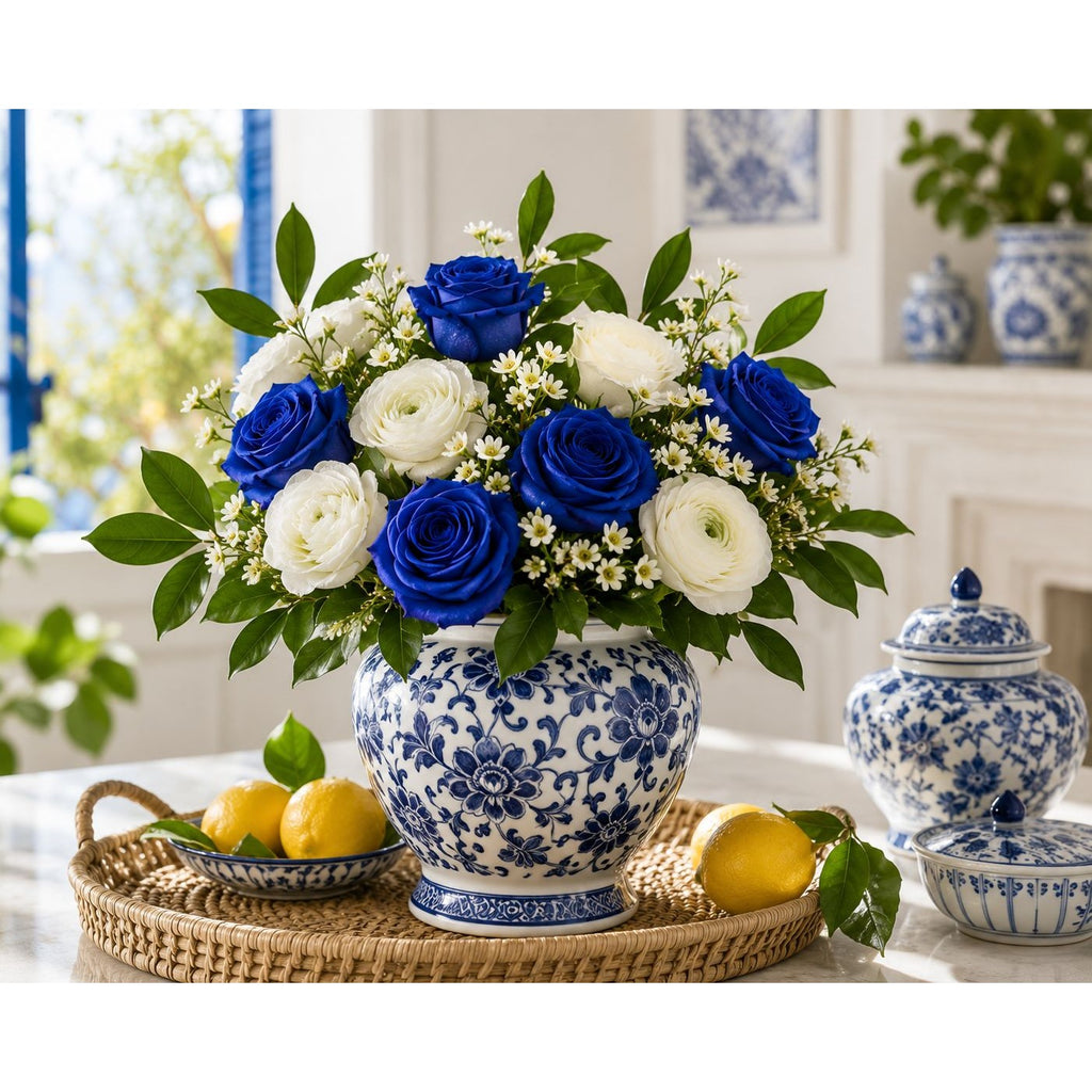 Royal Blue Artificial Rose Stems Set of 12, 20 Inch Velvet Touch Faux Flowers for Wedding Home Decor