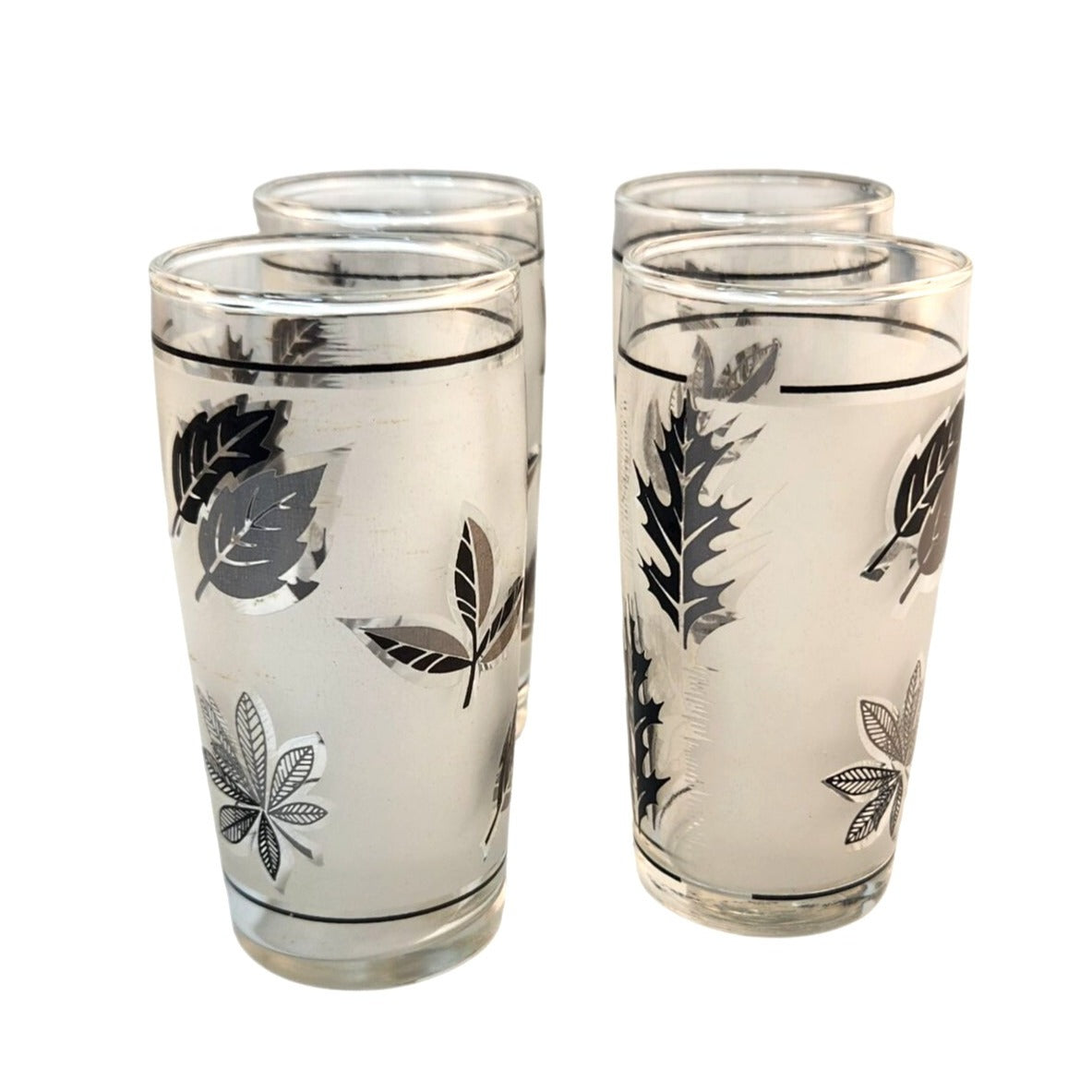 Set Of 4 Vintage Libbey Silver Foliage Juice Glasses 6 Oz Mid-Century Modern Design