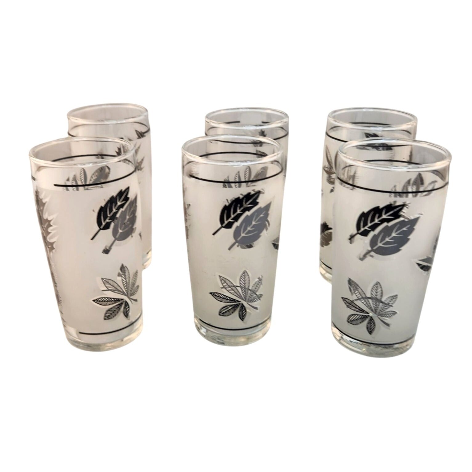 Set Of 4 Vintage Libbey Silver Foliage Juice Glasses 6 Oz Mid-Century Modern Design