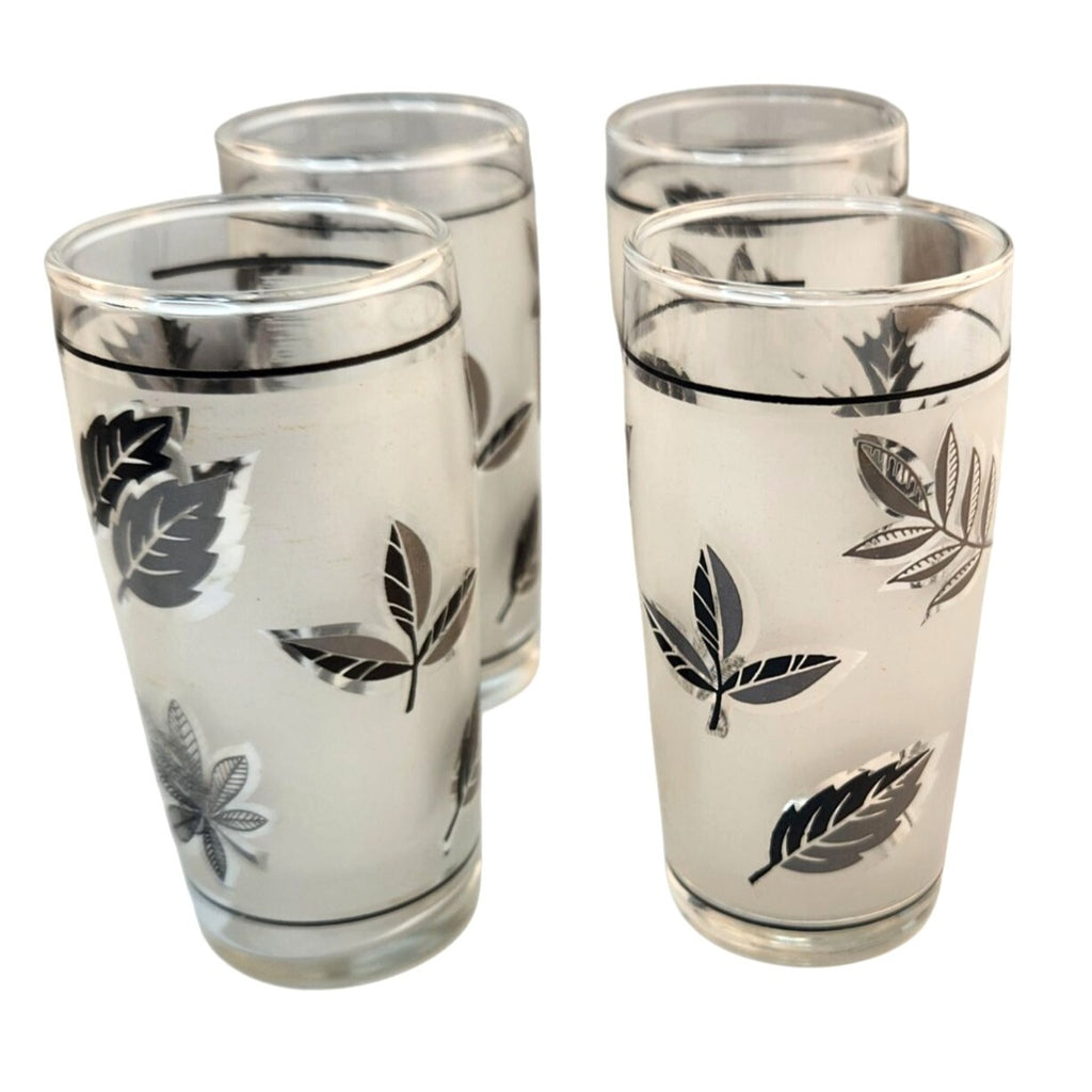 Set Of 4 Vintage Libbey Silver Foliage Juice Glasses 6 Oz Mid-Century Modern Design