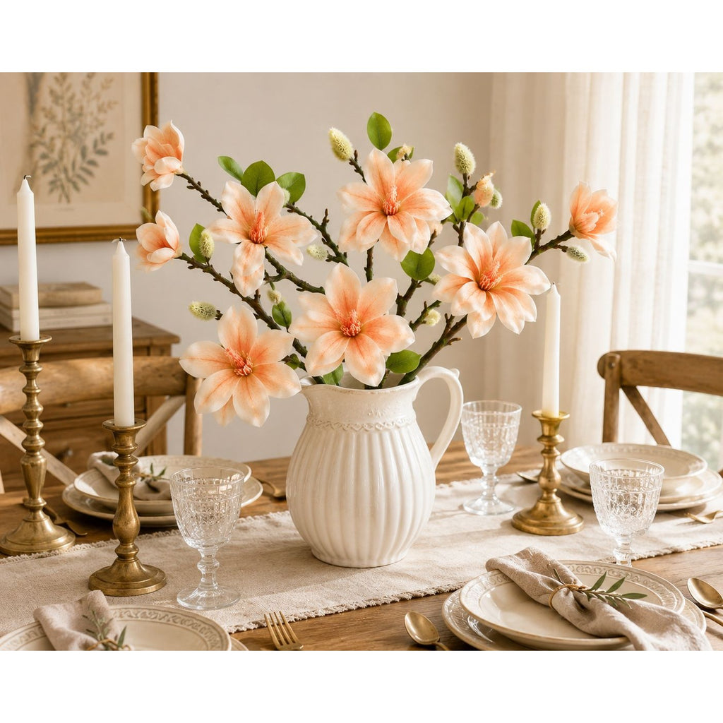 Real Touch Peach Magnolia Stem, Artificial Magnolia Branch, Faux Magnolia Flower, 22 Inch Floral Stem, Spring Wedding Decor, Farmhouse Decor