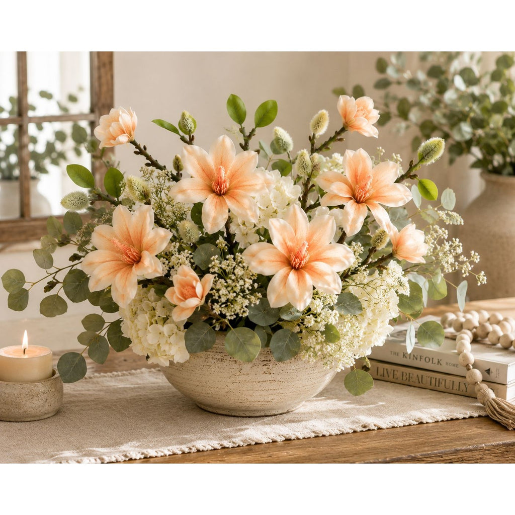 Real Touch Peach Magnolia Stem, Artificial Magnolia Branch, Faux Magnolia Flower, 22 Inch Floral Stem, Spring Wedding Decor, Farmhouse Decor