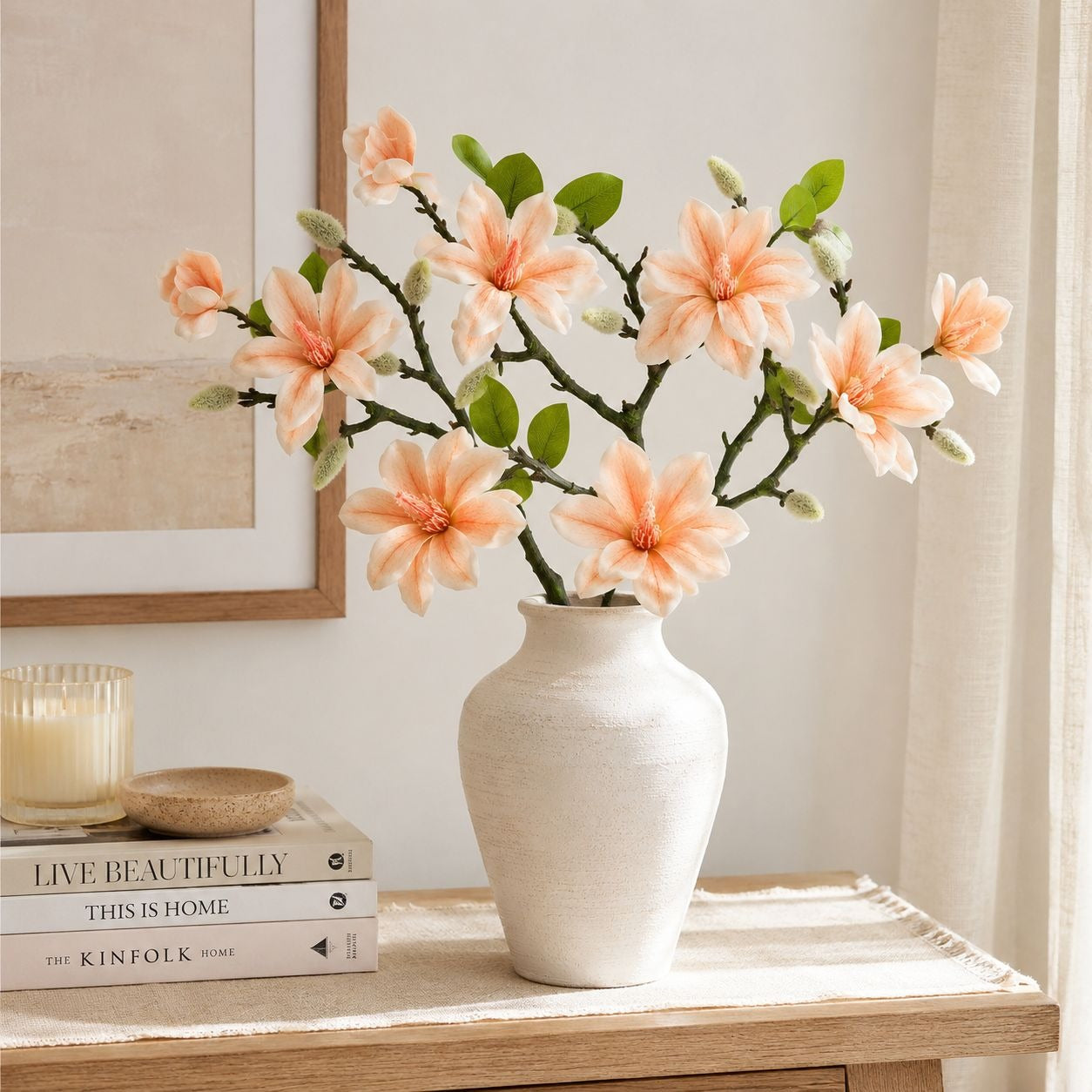 Real Touch Peach Magnolia Stem, Artificial Magnolia Branch, Faux Magnolia Flower, 22 Inch Floral Stem, Spring Wedding Decor, Farmhouse Decor