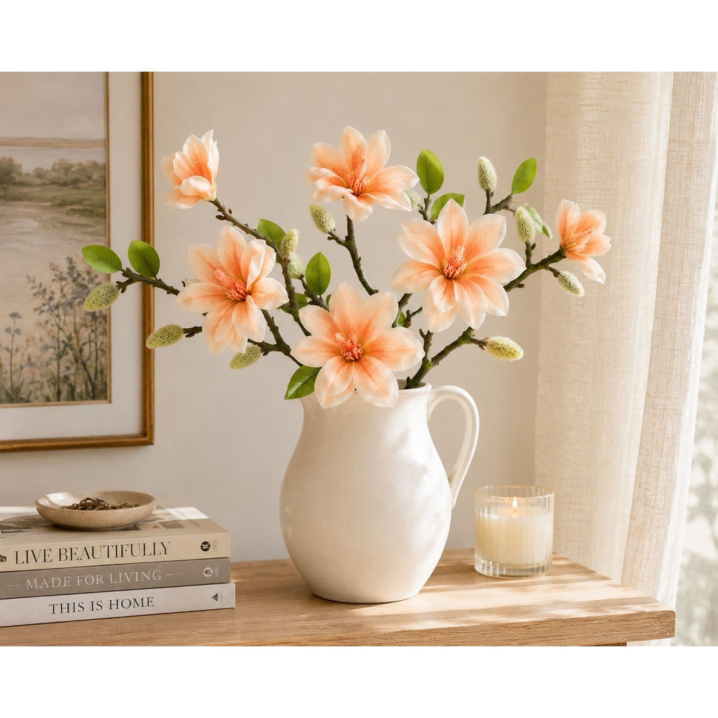 Real Touch Peach Magnolia Stem, Artificial Magnolia Branch, Faux Magnolia Flower, 22 Inch Floral Stem, Spring Wedding Decor, Farmhouse Decor