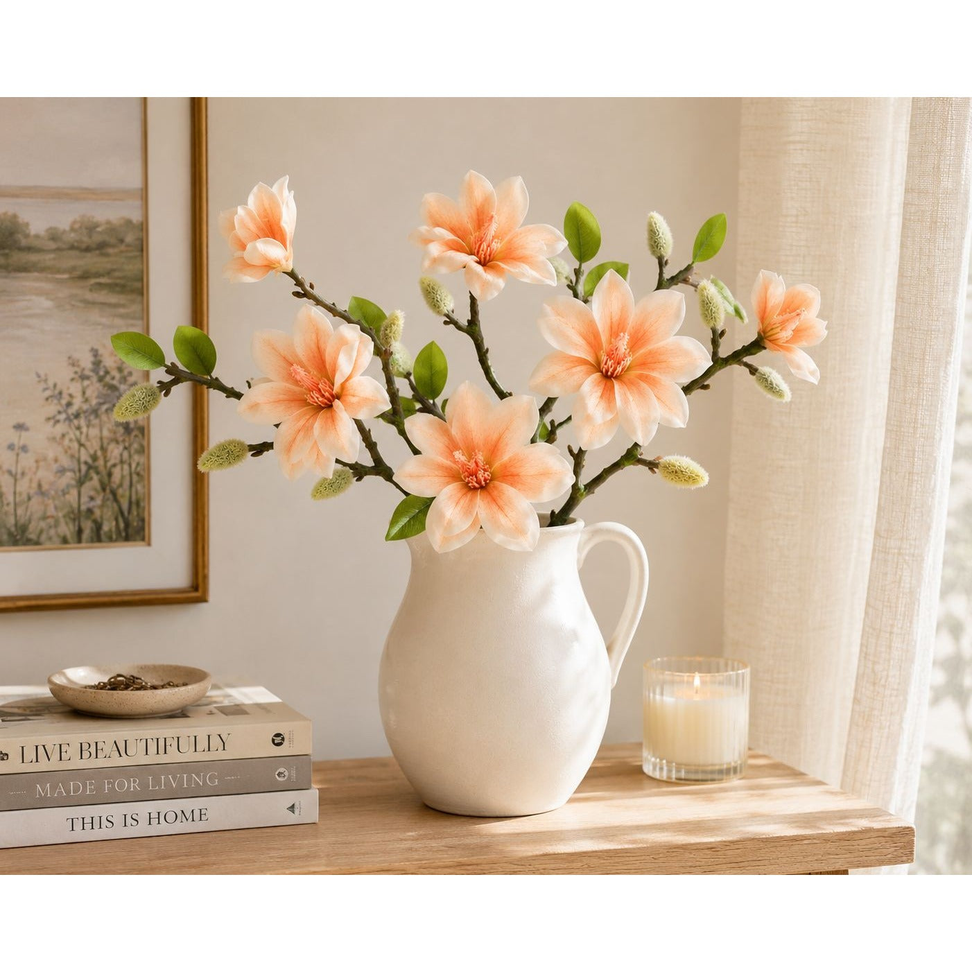 Real Touch Peach Magnolia Stem, Artificial Magnolia Branch, Faux Magnolia Flower, 22 Inch Floral Stem, Spring Wedding Decor, Farmhouse Decor