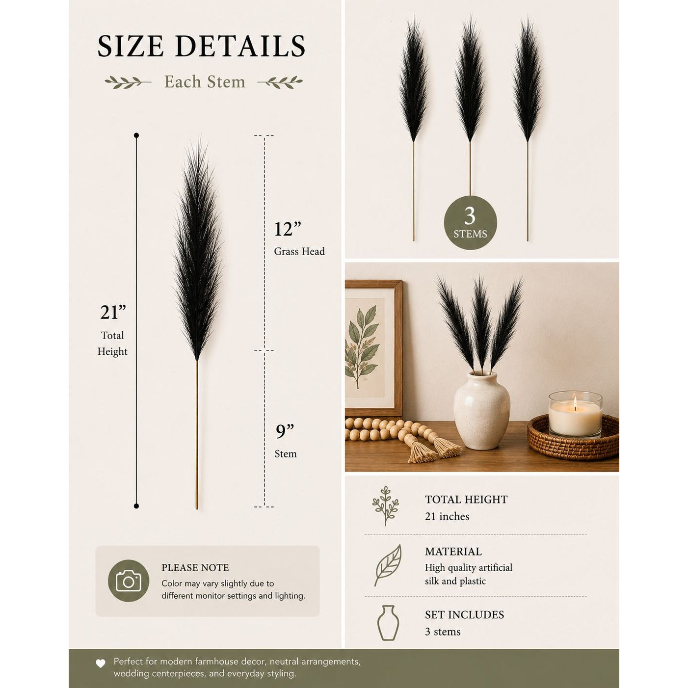 Black Pampas Grass Decor Set of 3 Faux Pampas Stems Gothic Decor Dark Academia Halloween Decor Wedding Centerpiece Boho Decor
