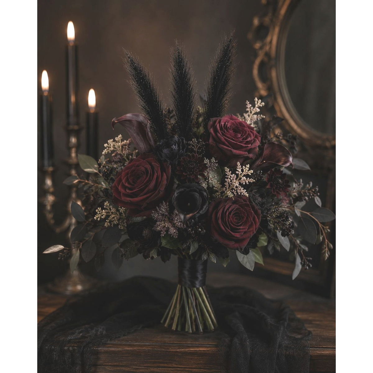 Black Pampas Grass Decor Set of 3 Faux Pampas Stems Gothic Decor Dark Academia Halloween Decor Wedding Centerpiece Boho Decor