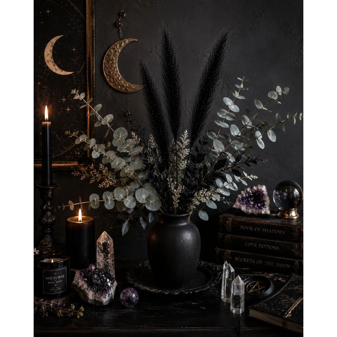 Black Pampas Grass Decor Set of 3 Faux Pampas Stems Gothic Decor Dark Academia Halloween Decor Wedding Centerpiece Boho Decor