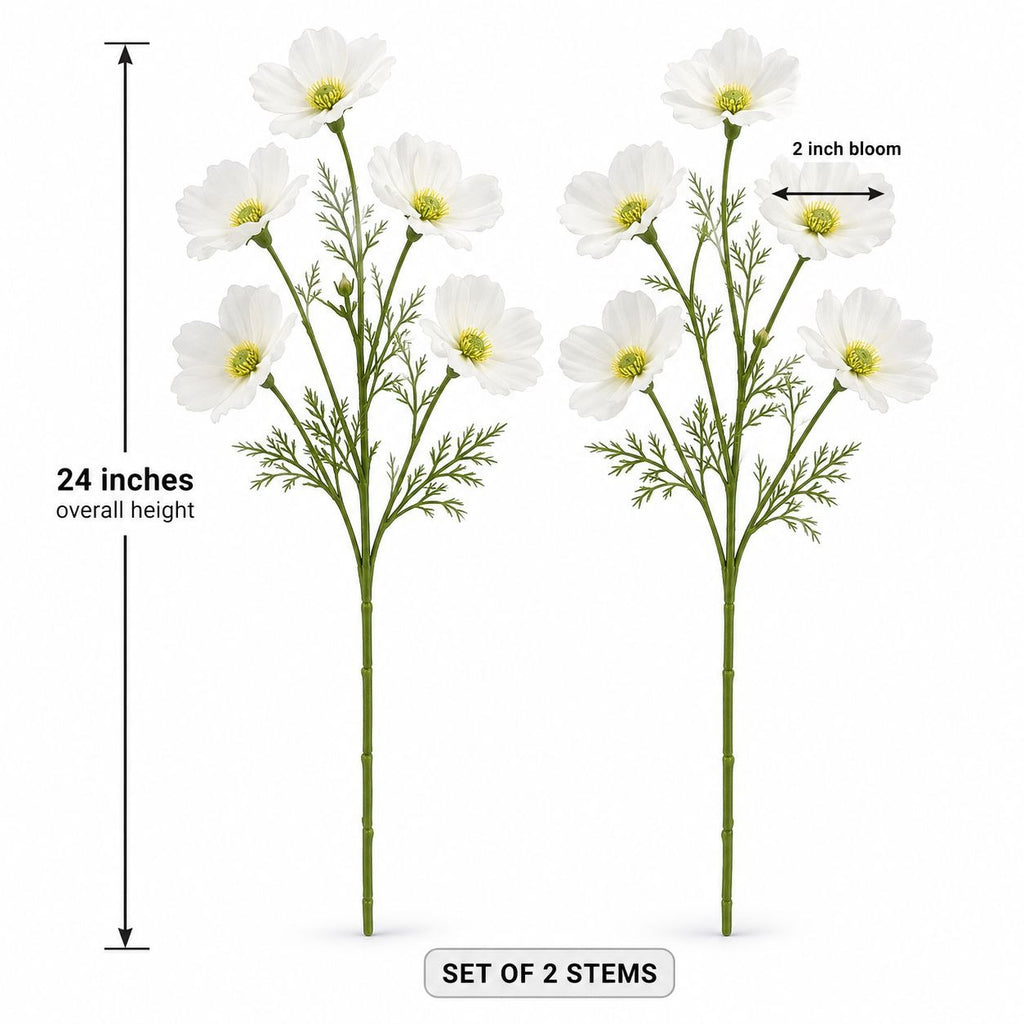Two artificial white flower stems with green stems and leaves, shown on a white background with measurement labels indicating 24 inches overall height and 2 inch blooms.