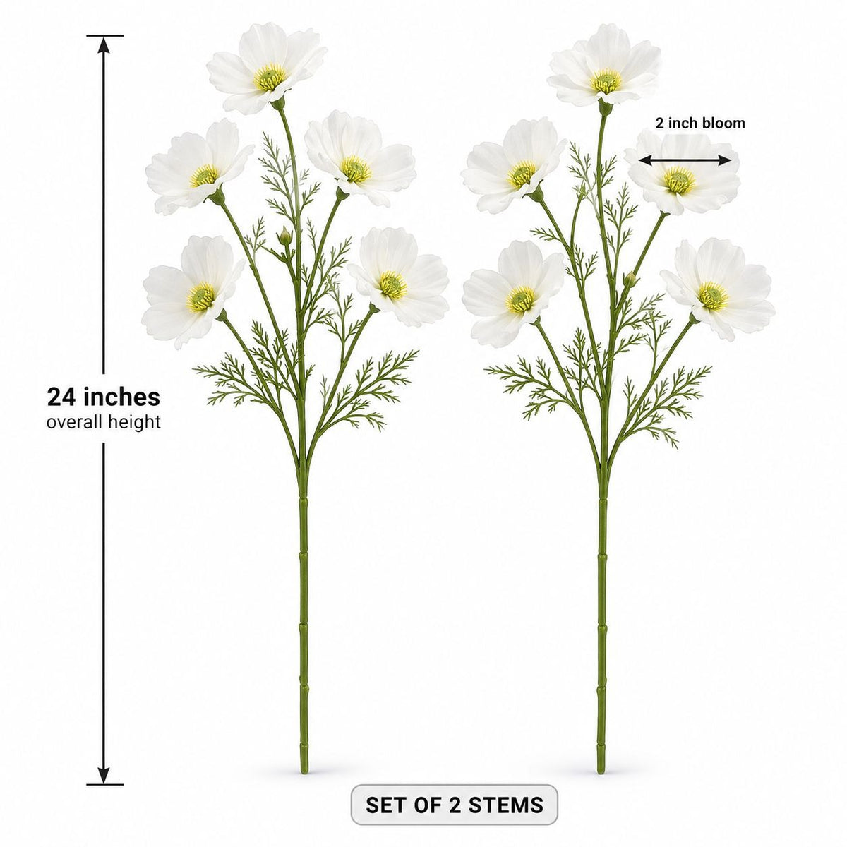 Two artificial white flower stems with green stems and leaves, shown on a white background with measurement labels indicating 24 inches overall height and 2 inch blooms.