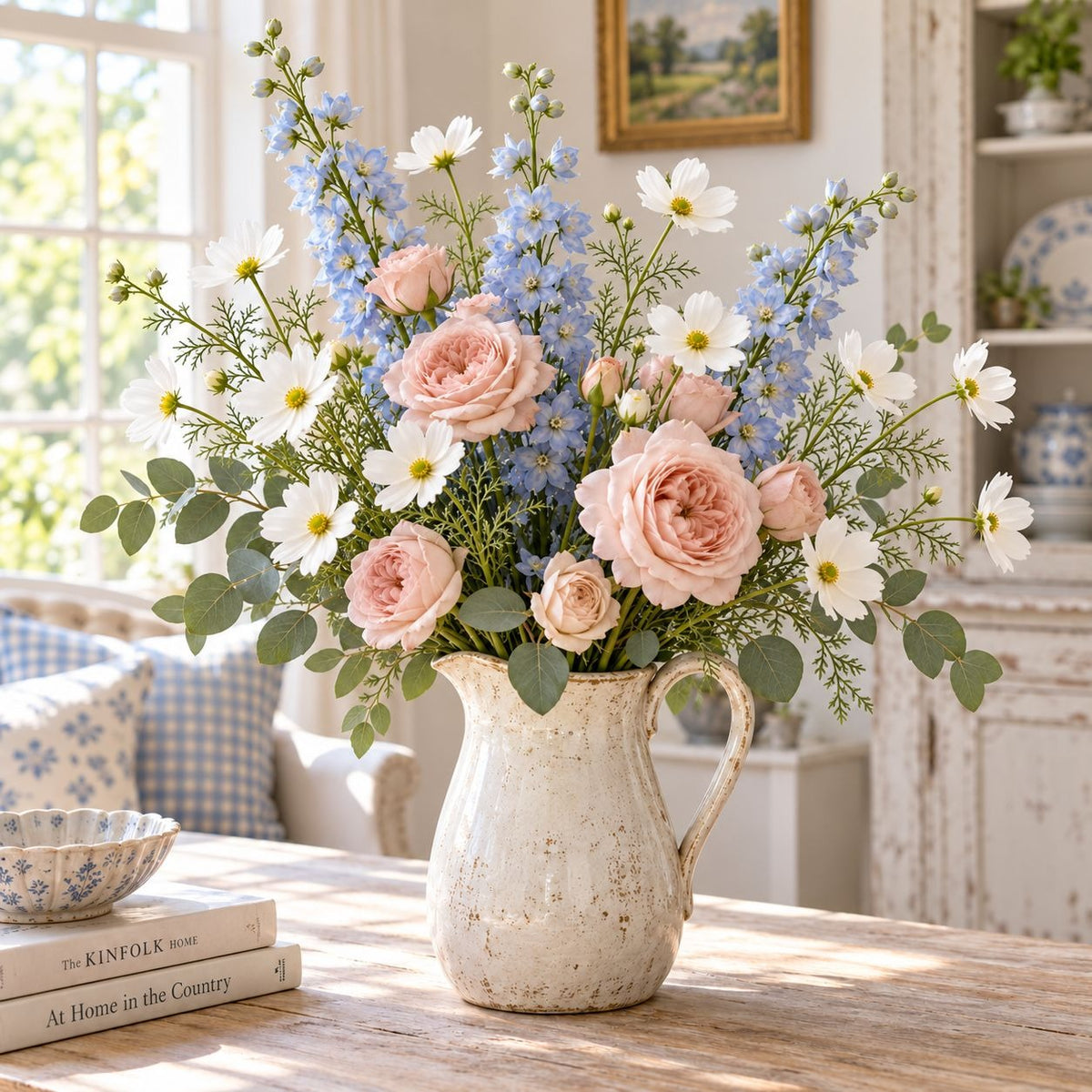 A large floral arrangement in a distressed white ceramic pitcher, set on a wooden table in a bright, sunlit living room.