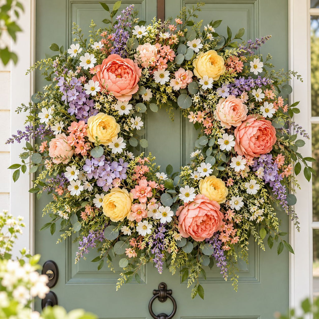 A large, lush floral wreath featuring peach roses, yellow ranunculus, purple lavender, and white daisies with green foliage, hung on a muted sage green front door.