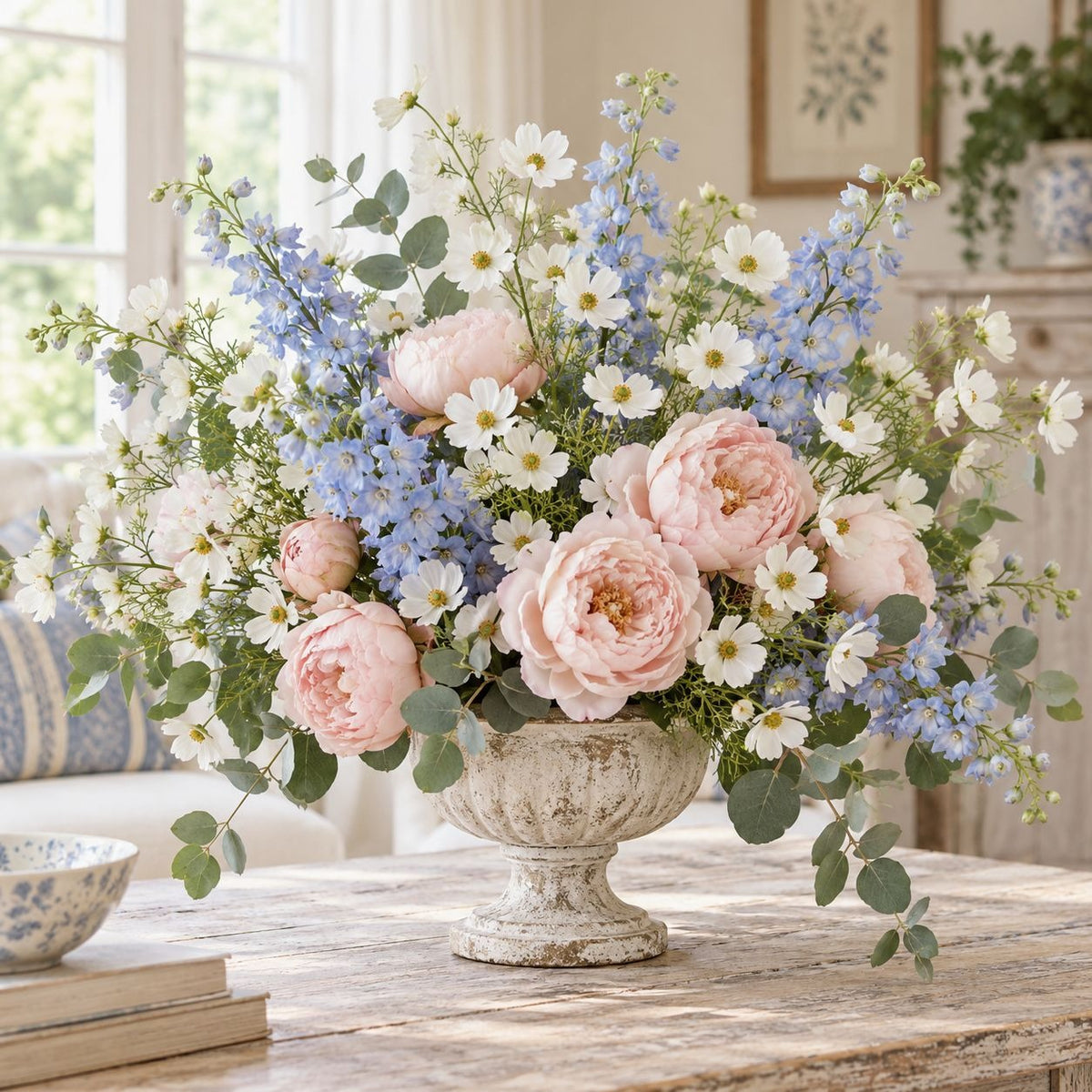 A large floral arrangement featuring blush pink peonies, white daisies, and light blue forget-me-nots in a distressed white stone urn, displayed on a rustic wooden table in a bright, cozy room.