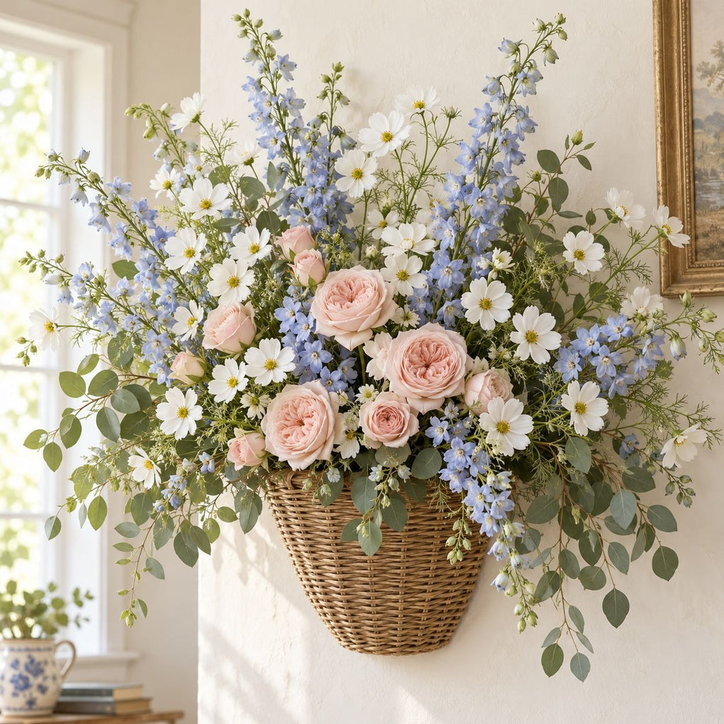 A large wicker basket wall flower arrangement filled with blush pink roses, light blue delphiniums, white daisies, and green eucalyptus leaves, hanging on a cream wall in a bright room.